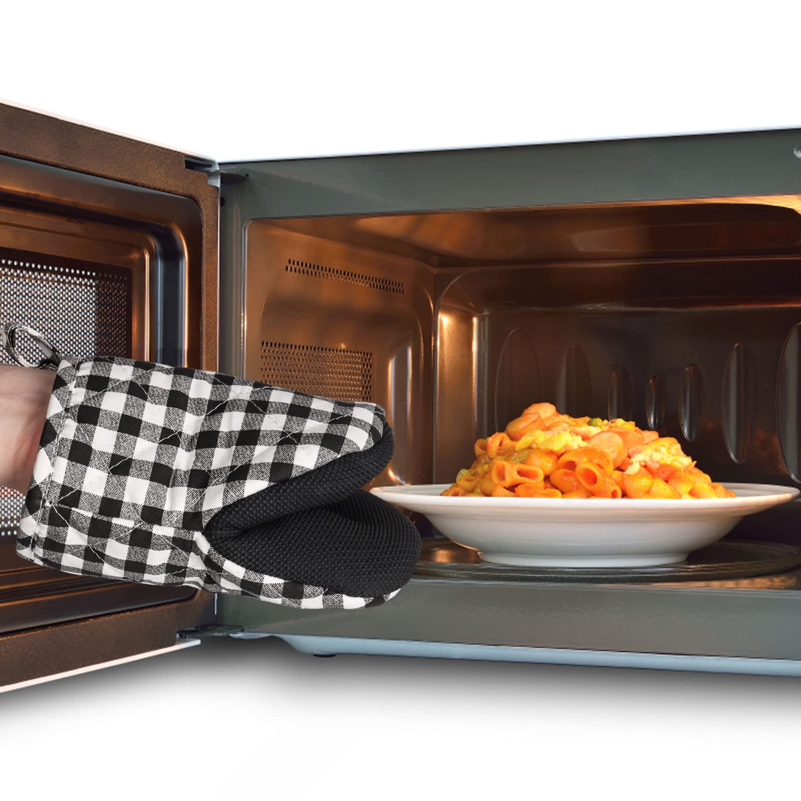 Short Oven Mitts, Heat Resistant 500°F, Silicone Grip Kitchen Gloves, Non-Slip for Baking, Grilling, BBQ, Machine Washable with Hanging Loop, 2-Pack Set, Black and White Plaid
