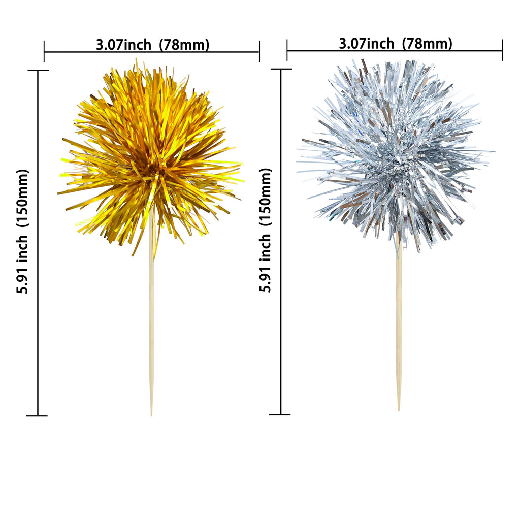 Ephlyn 30Pcs Foil Firework Cupcake Toppers Party Birthday Cake Toppers Supplies Sparkle Tinsel Cocktail Fruit Toothpick for Birthday Wedding Graduation Party Supplies Gold Silver