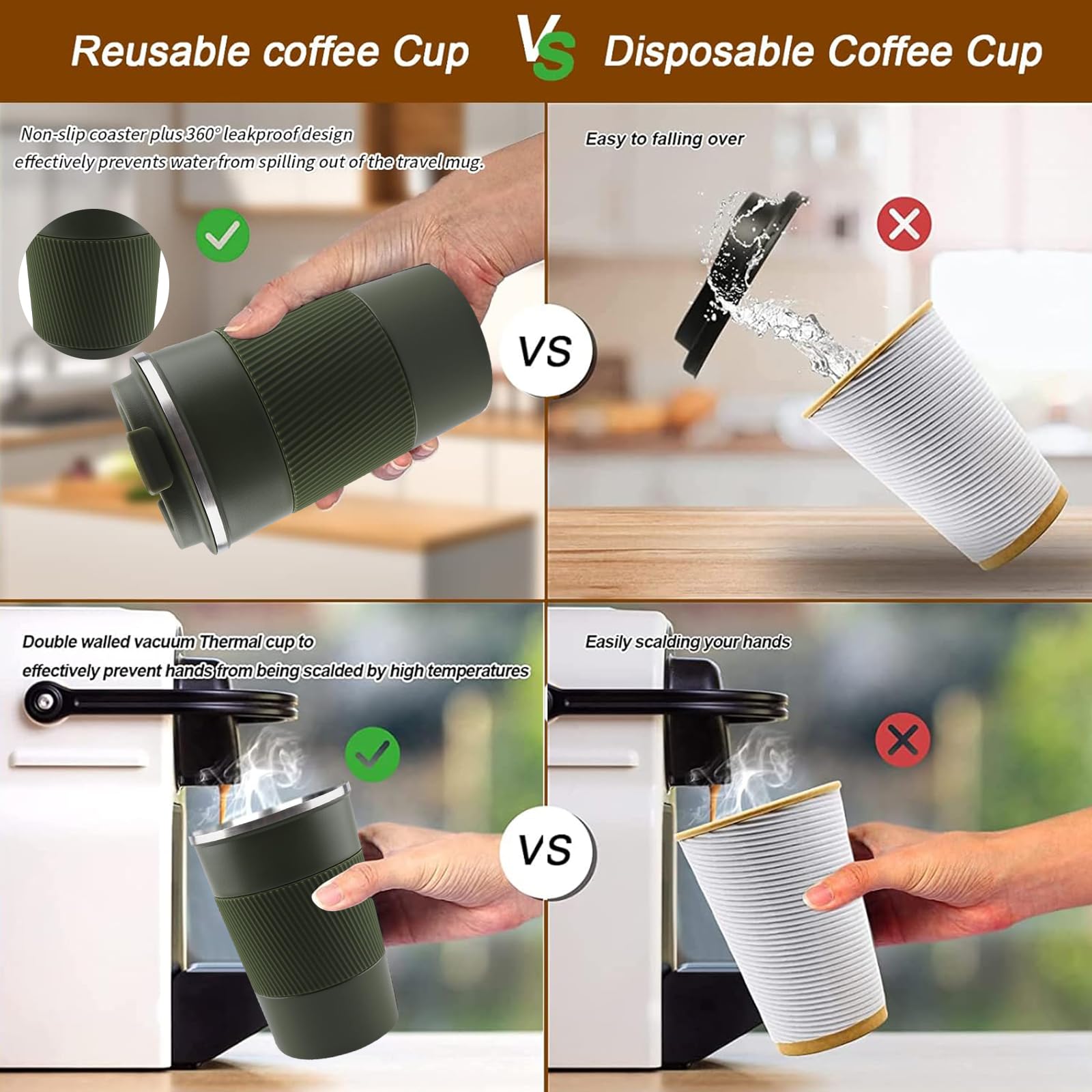Insulated Travel Coffee Mug, Stainless Steel Coffee Cup with Leakproof Lid