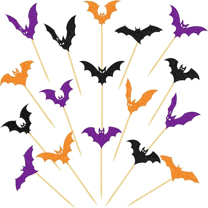 YQUQWN 24 PCS Halloween Black Orange Purple Glitter Bat Cupcake Decorations, Halloween Cupcake Selection, Suitable for Children's Birthday Party, Theme Party, Baby Shower Event Decoration Supplies