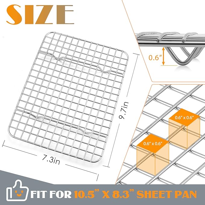 Small Baking Cooling Rack Set of 2, E-far Stainless Steel Toaster Oven Rack for Cooking Roasting Grilling Broiling Meat Bacon, 9.7” x 7.3” Metal Bakeable Wire Racks for Cookie Cake - Dishwasher Safe