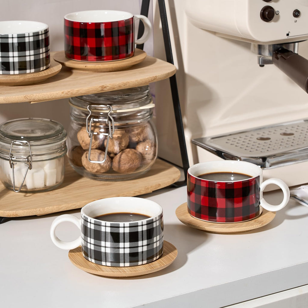 LUKA Porcelain Espresso Cup with Metal Stand,6 Ounce Stackable Ceramic Demitasse Espresso Mugs Cappuccino Cups Set for Latte,Coffee,Cafe Mocha,Tea - Set of 4 (Plaid Red & Gray)