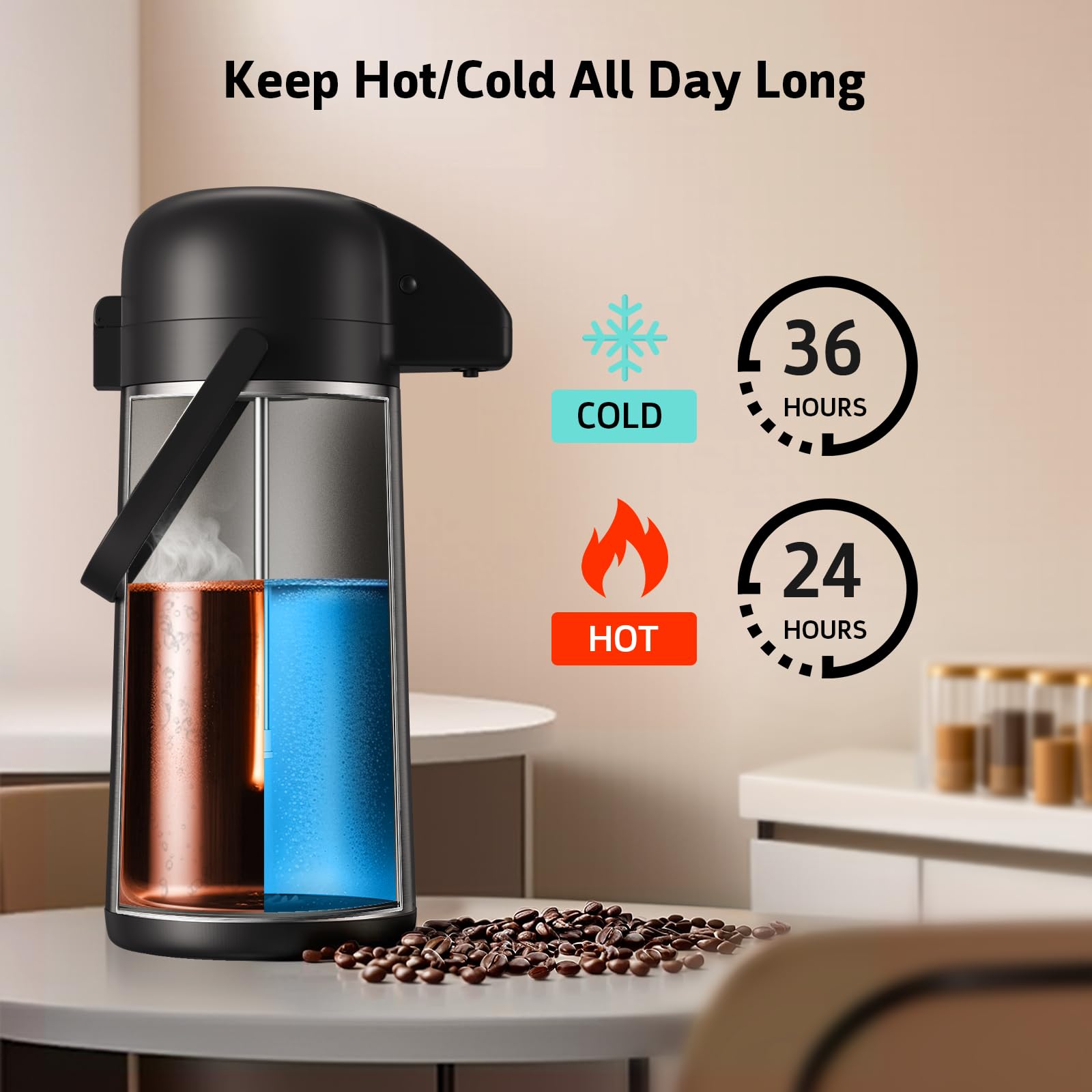 Airpot Coffee Carafe for Keeping Hot - 64 OZ / 1.9L Large Coffee Dispenser with Pump - Insulated Stainless Steel Thermos Urn for Hot Drinks Water Tea Chocolate - Thermal Beverage Dispenser for Parties