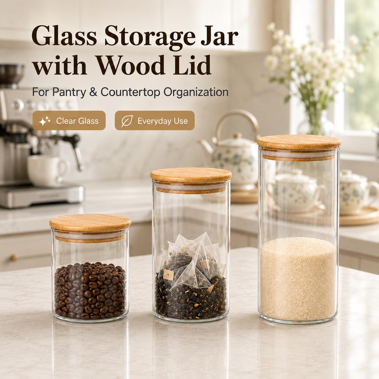 MOLFUJ 1200 ML / 40 FL Oz Glass Storage Container with Wood Lid, Stackable Clear Decorative Organizer Bottle Canister Pantry Jar with Air Tight Wooden Lid for Food, Coffee, Candy, Sugar, Salt, Tea