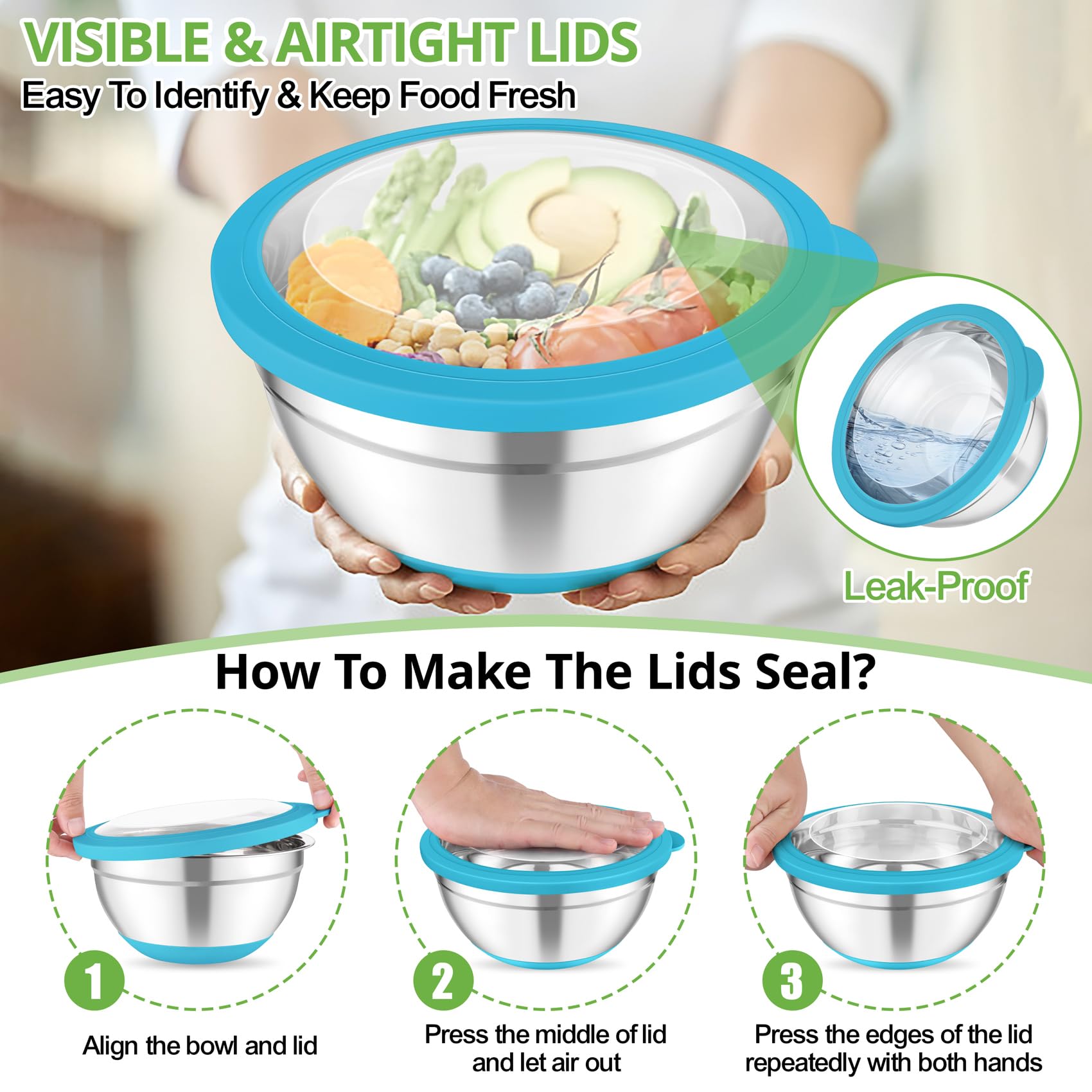 TeamFar Mixing Bowls, Salad Bowls with Transparent Airtight Lids, Colorful