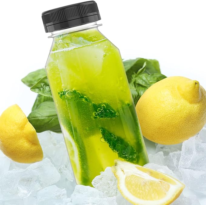 10 Pcs 8 oz Plastic Juice Bottle Reusable Transparent Bulk Beverage Containers with Black Lids for Juice, Drinking Milkshake Tea, Milk, Juicing Smoothie Water and Other Beverages, Fridge Storage