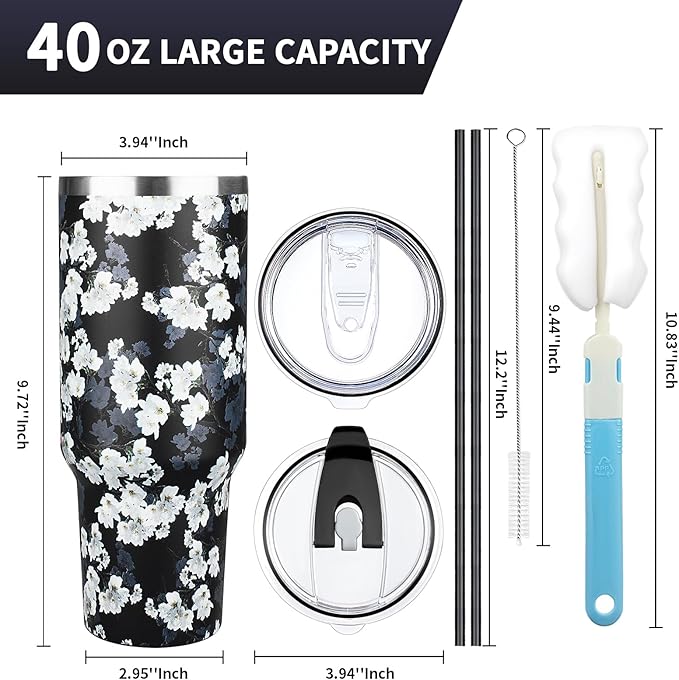 40 oz Tumbler with Lids and Straws, Stainless Steel Insulated Coffee Tumbler, Double Wall Vacuum Insulated Travel Mug Cup, Leakproof Thermal Coffee Cup for Hot and Cold Drinks (White Flower)