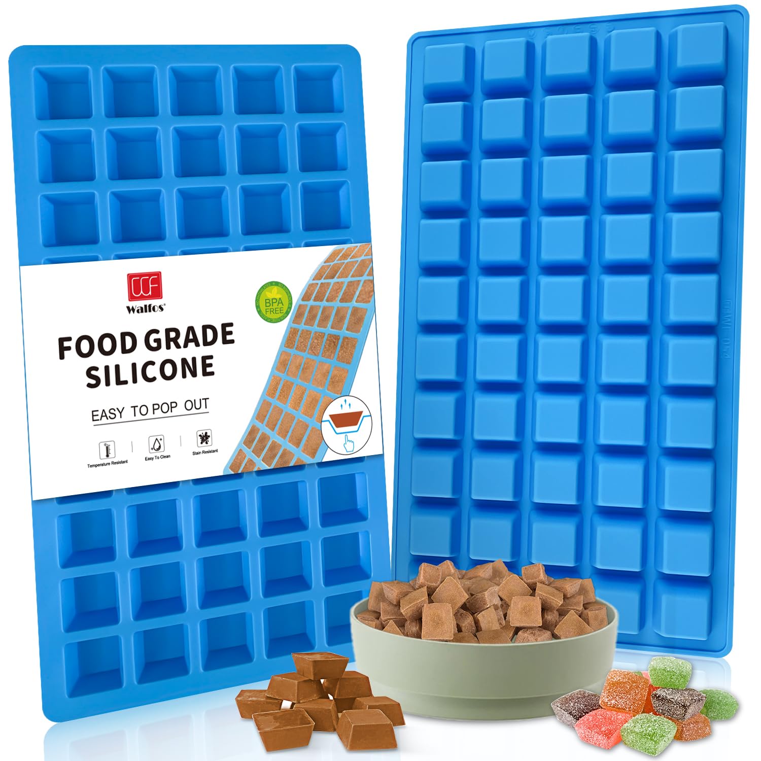 Walfos Square Silicone Molds, Silicone Dog Treat Molds for Baking and Freezing, Non-Stick Food Grade Silicone Baking Molds for Puppy Dog Treats, Chocolate, Candy, Jelly, Mini Ice Cubes, 2 Packs.