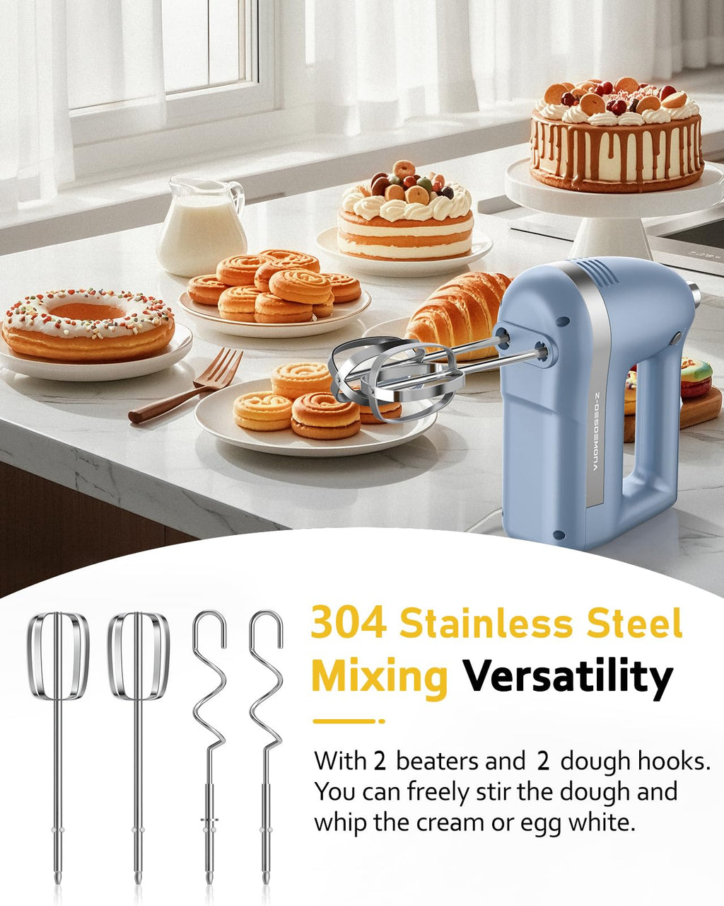 Z-DESDEMONA Electric Hand Mixer, Powerful Hand Mixer Electric Handheld with 304 Beaters, Dough Hook, Whisk, Hand Held Mixer with Turbo for Baking Cakes, Eggs, Cream Food(Blue)