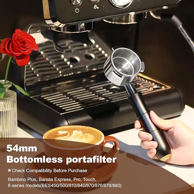 MEION 54mm Bottomless Portafilter Compatible with Breville Barista Express Machines, Sage, Barista Pro, BES870XL, BES878, BES880, Espresso Portafilter with 18g Filter Basket & Puck Screen