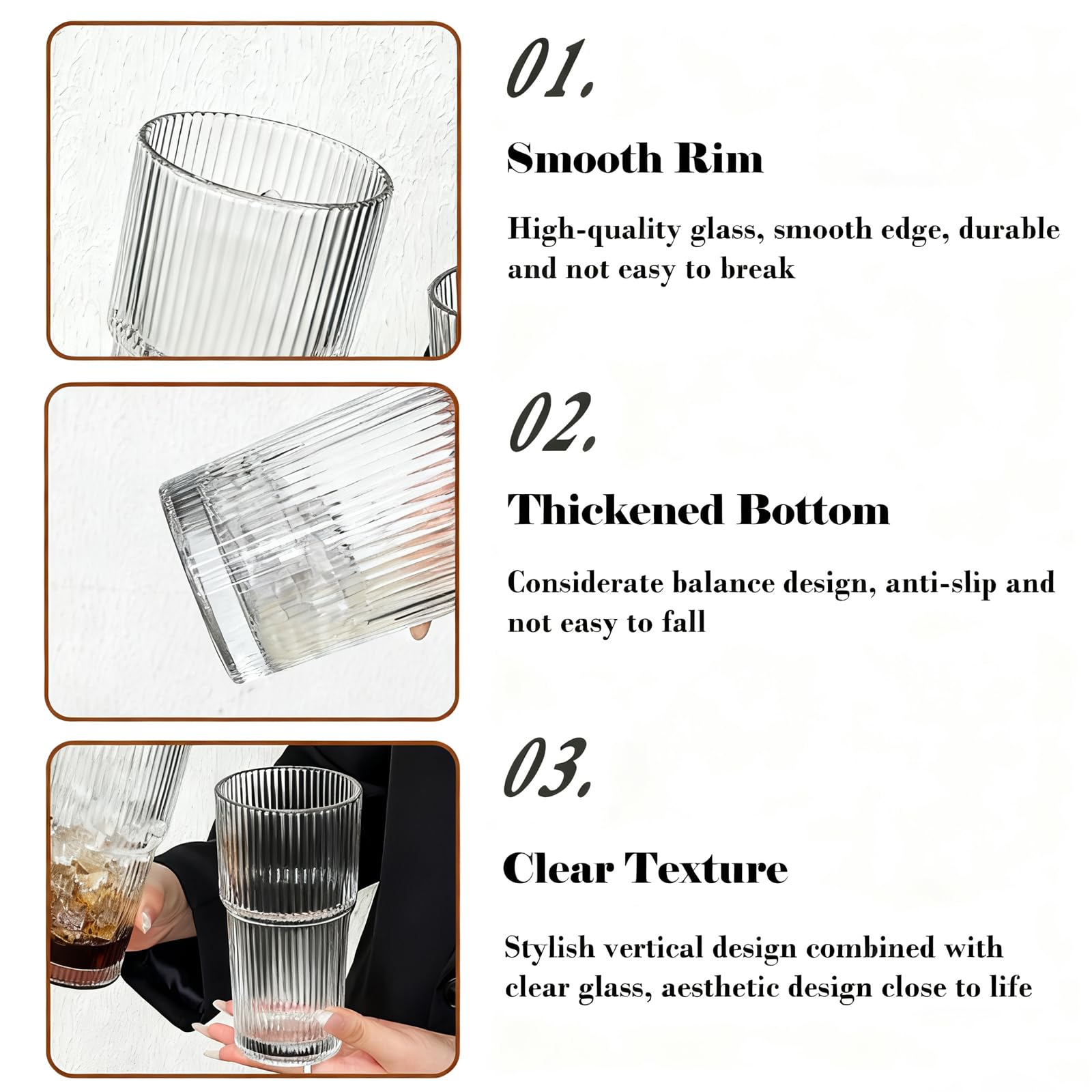 hosck 2 Pack Iced Coffee Cups with Lids, 20oz Clear Glass Tumbler with Straw and Lid, Dishwasher Safe & Leak Proof Drinking Glasses Set, Stylish Ribbed Glass Cups for Coffee Juice Tea Matcha Cocktail