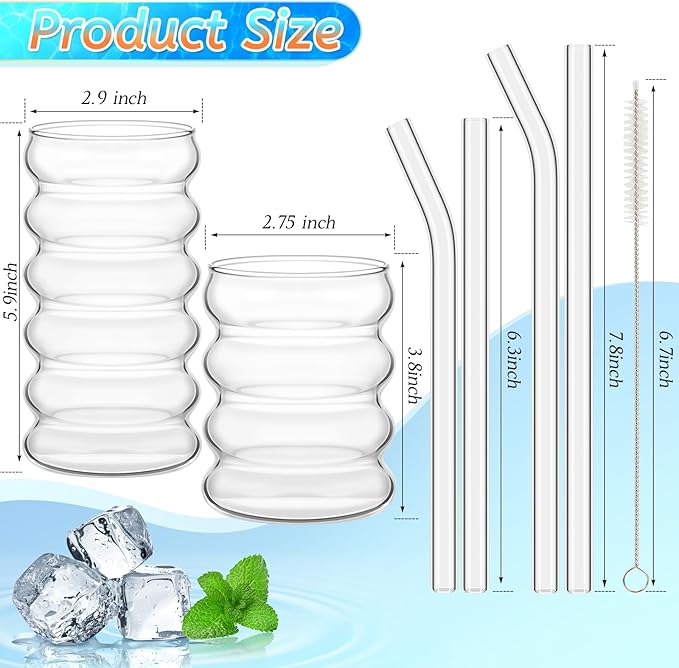 Tessco for you 4 Pcs Creative Glass Cups Vintage Drinking Glasses Ribbed Glassware Aesthetic Cup Entertainment Dinnerware Glassware with Straws Set for Kitchen Coffee Beverage(13.5 Oz, 16 oz,Clear)