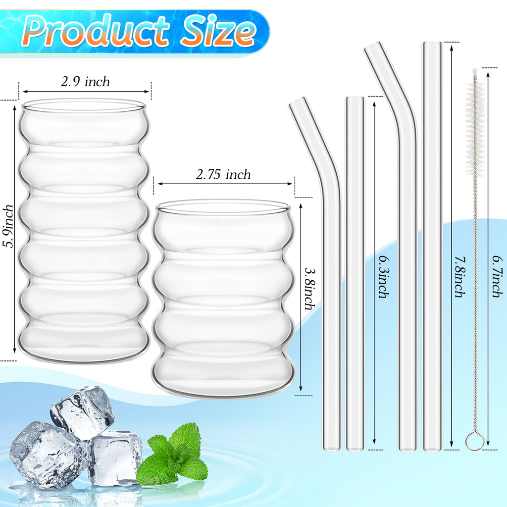 Tessco for you 4 Pcs Creative Glass Cups Vintage Drinking Glasses Ribbed Glassware Aesthetic Cup Entertainment Dinnerware Glassware with Straws Set for Kitchen Coffee Beverage(13.5 Oz, 16 oz,Clear)