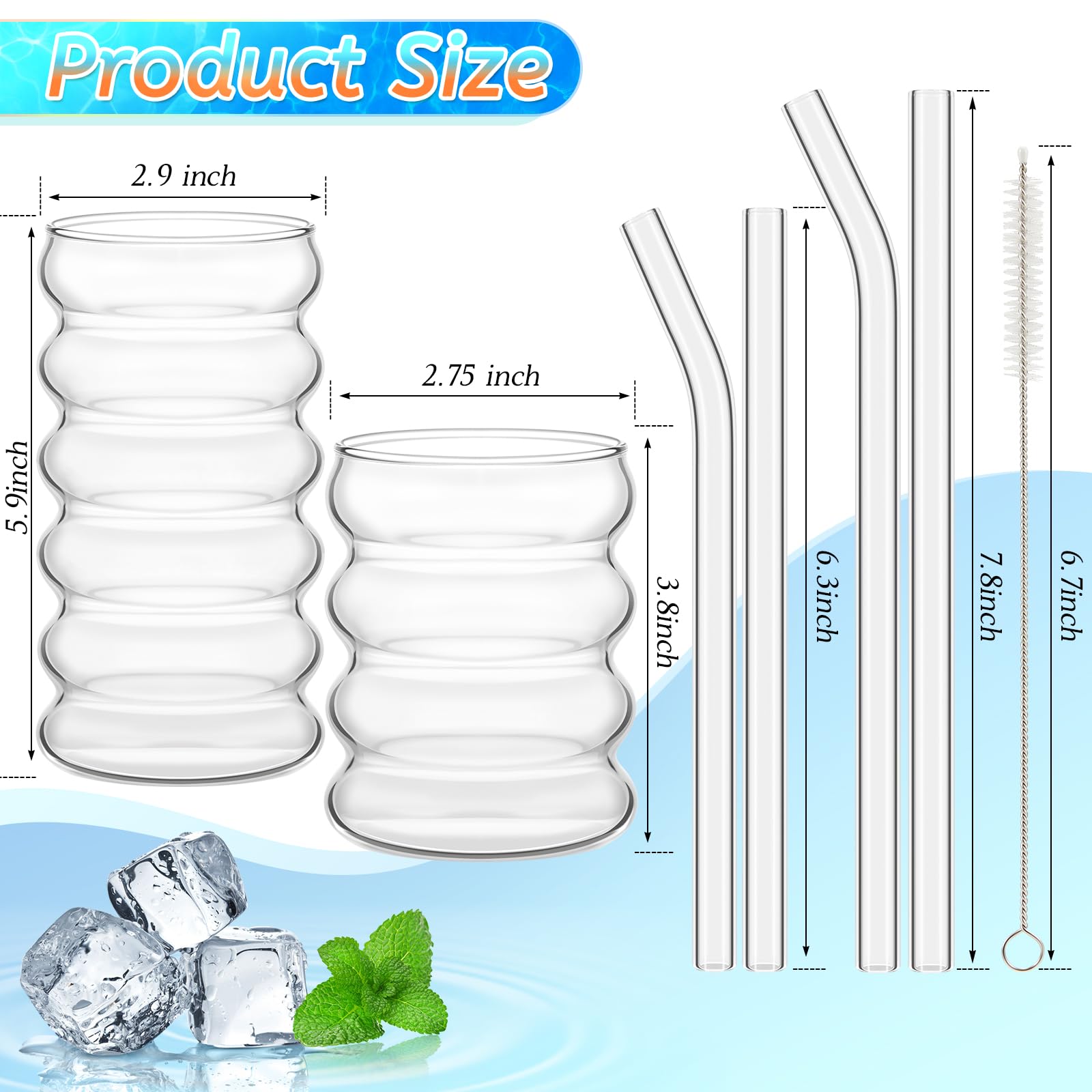 Tessco for you 4 Pcs Creative Glass Cups Vintage Drinking Glasses Ribbed Glassware Aesthetic Cup Entertainment Dinnerware Glassware with Straws Set for Kitchen Coffee Beverage(13.5 Oz, 16 oz,Clear)
