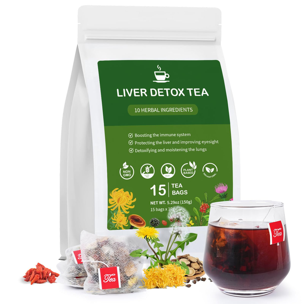 Ginseng Five Treasures Kidney Tea, Traditional Chinese Herbal TeaBags, Natural Kidney Cleanse Detox Tea for Women & Men, 7 Precious Ingredients Formula (3 Pack/75 Bags)