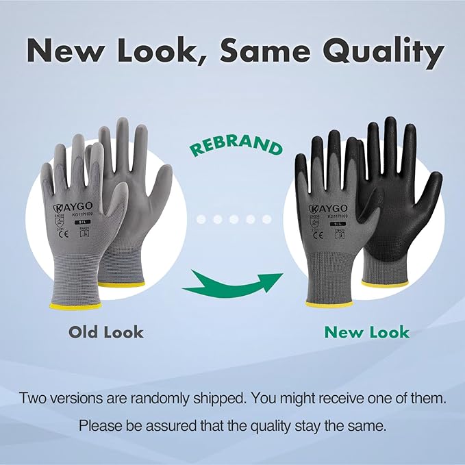 KAYGO Safety Work Gloves PU Coated-12 Pairs, KG11PB, Seamless Knit Glove with Polyurethane Coated Smooth Grip on Palm & Fingers, for Men and Women (2X-Large, Grey)