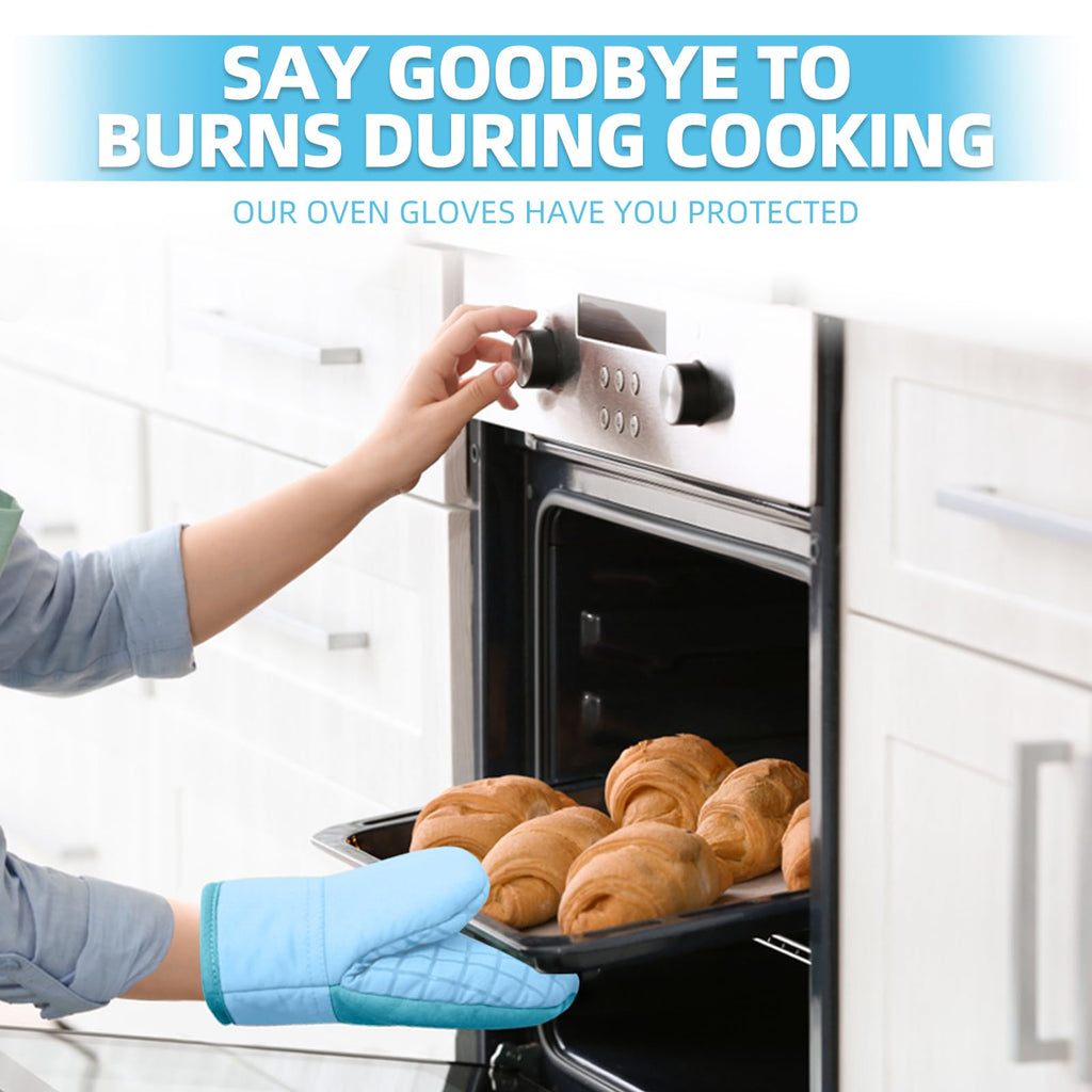Mini Oven Mitts, Kitchen Oven Gloves Kitchen Mittens 500 Degrees Heat Resistant Baking Gloves, Non-Slip Silicone Surface with Hanging Loops Hot Gloves for Cooking, Baking, BBQ 1 Pair-Blue