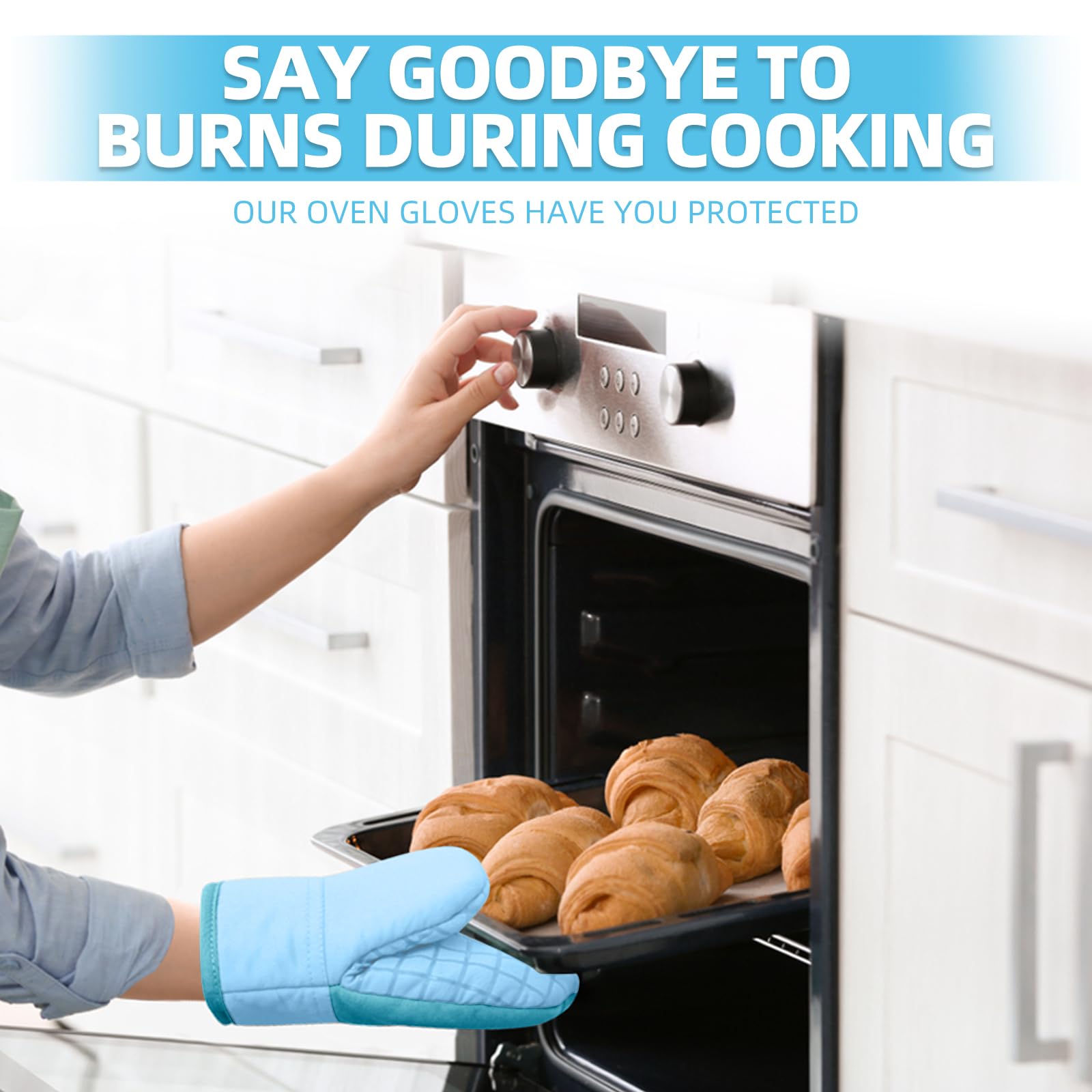 Mini Oven Mitts, Kitchen Oven Gloves Kitchen Mittens 500 Degrees Heat Resistant Baking Gloves, Non-Slip Silicone Surface with Hanging Loops Hot Gloves for Cooking, Baking, BBQ 1 Pair-Blue