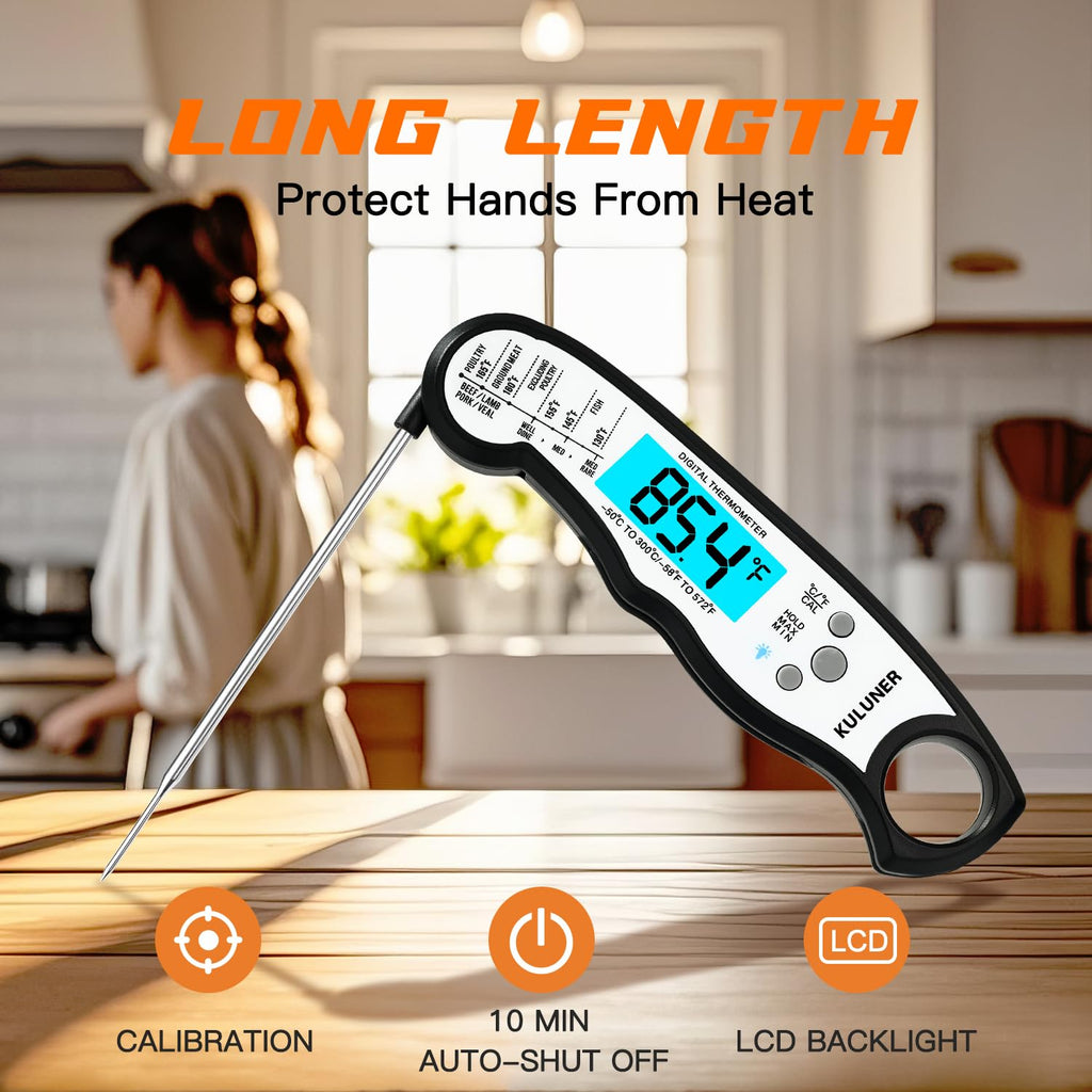 KULUNER Instant Read Food Thermometer, White Waterproof Digital Meat Thermometer with 4.6" Folding Probe, Backlight & Calibration, 2-3s Fast Reading for Kitchen Baking Grilling Cooking - White