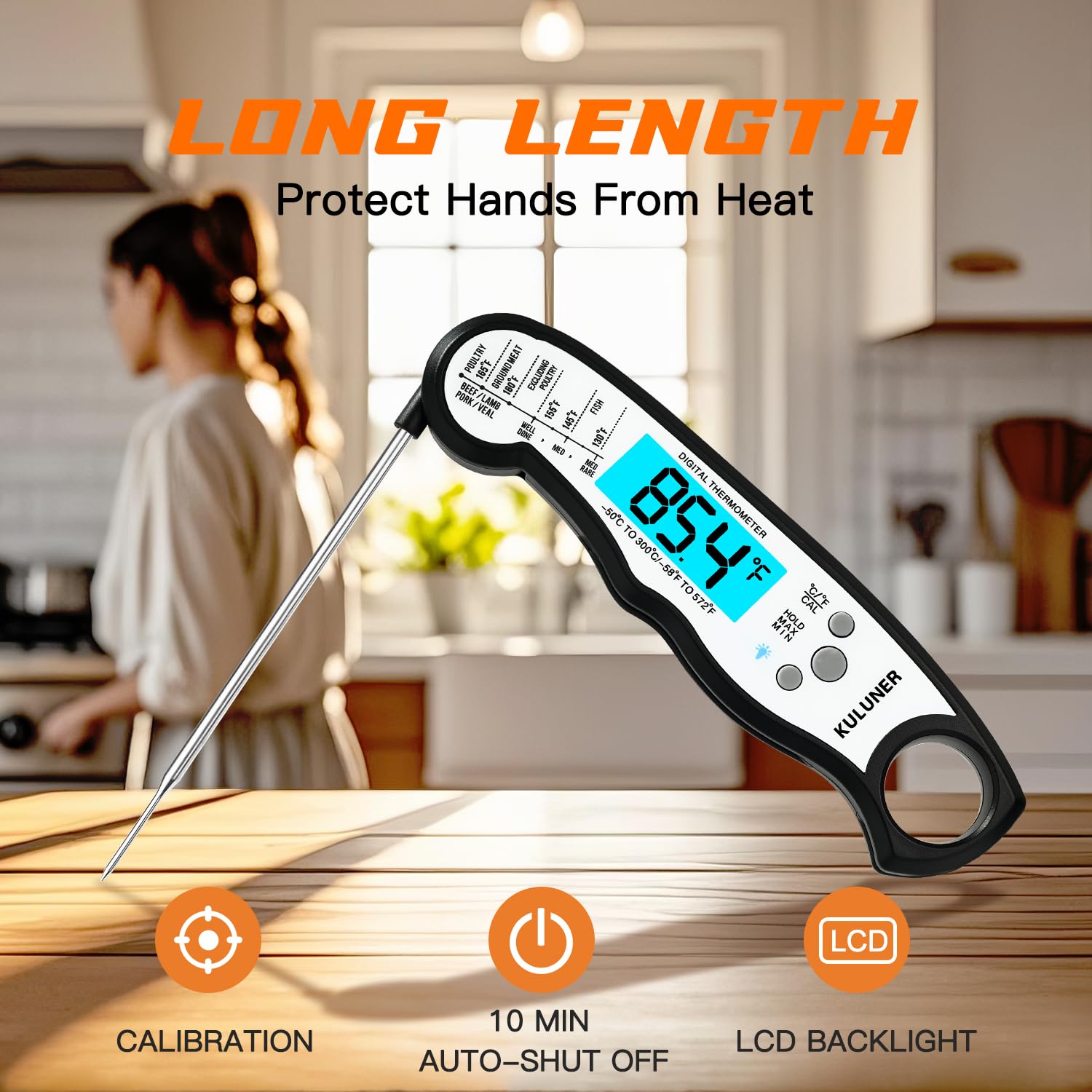 KULUNER Instant Read Food Thermometer, White Waterproof Digital Meat Thermometer with 4.6" Folding Probe, Backlight & Calibration, 2-3s Fast Reading for Kitchen Baking Grilling Cooking - White