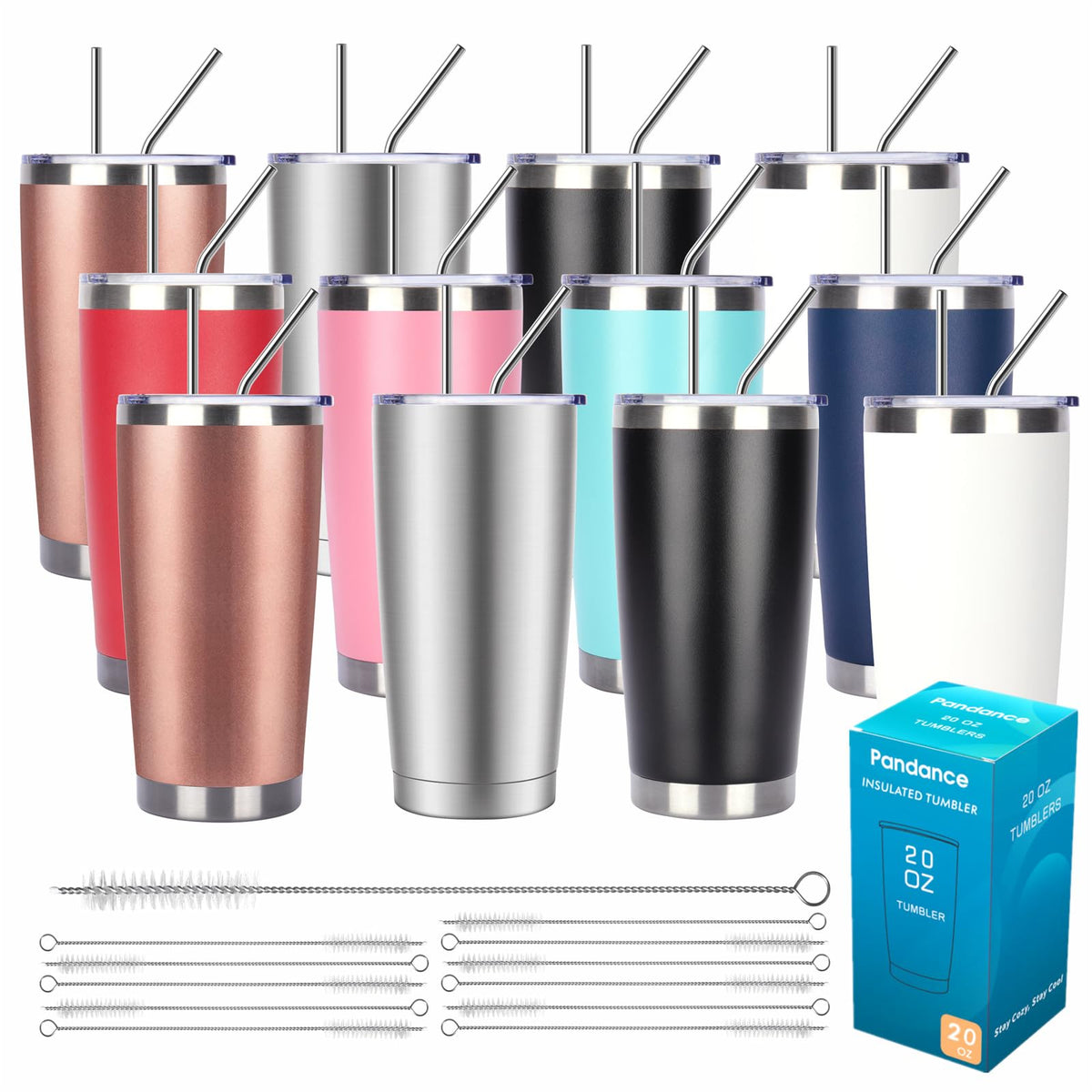 Pandance 20oz Stainless Steel Insulated Tumblers Bulk, Black, 12 Pack