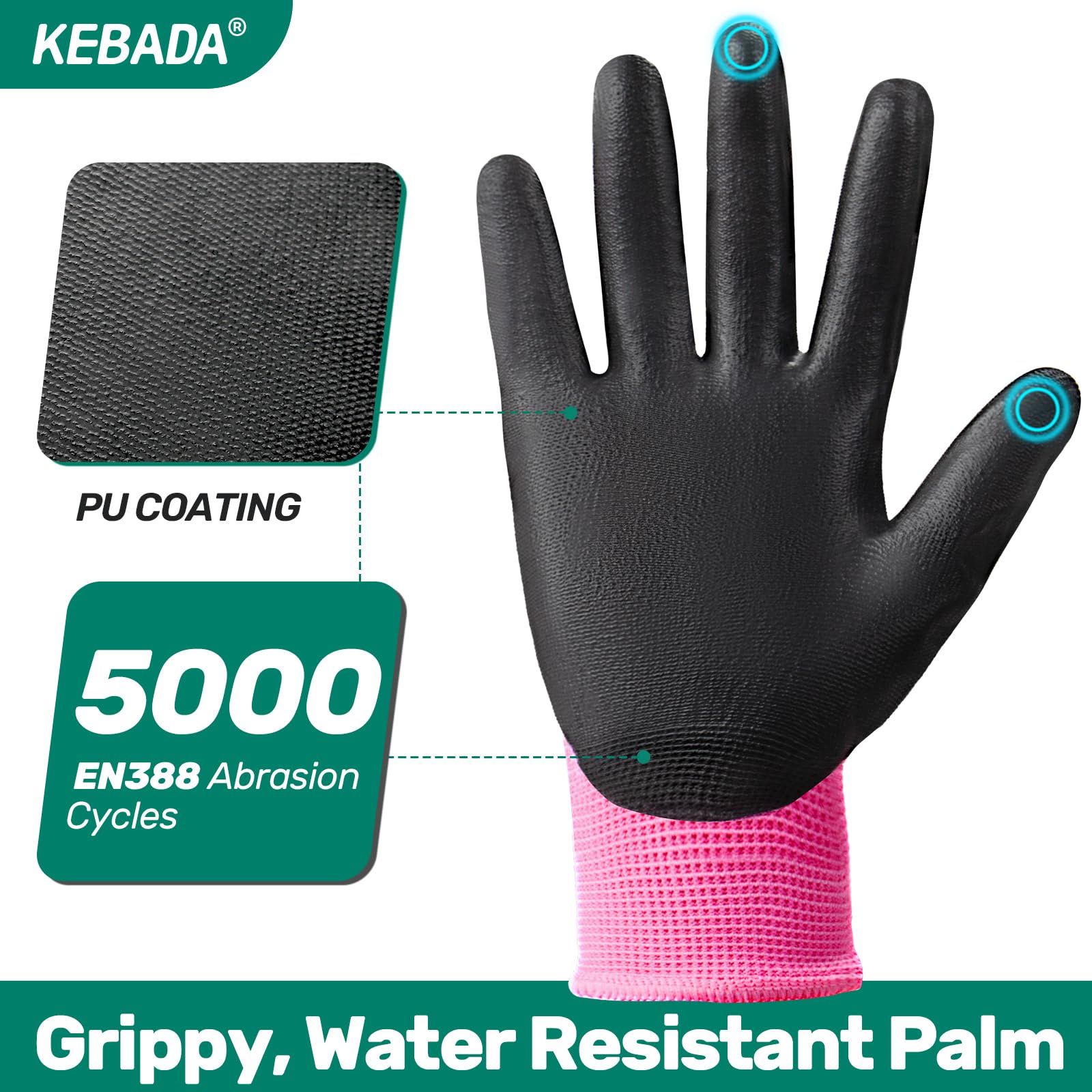 Kebada W1 Safety Work Gloves Women, Touchscreen, PU Coated, 12 Pairs, Pink