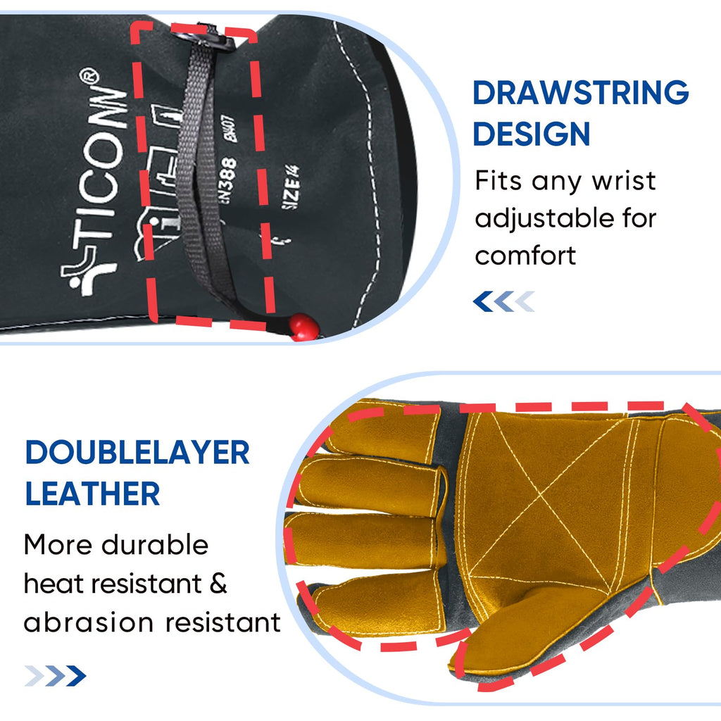 TICONN 16 Inch Welding Gloves, 1000°F Heat-Resistant Fireproof Leather Gloves for Welders, Stick, Forge, Mig, Tig, BBQ, Baking, Oven (Grey/Yellow, XXL)