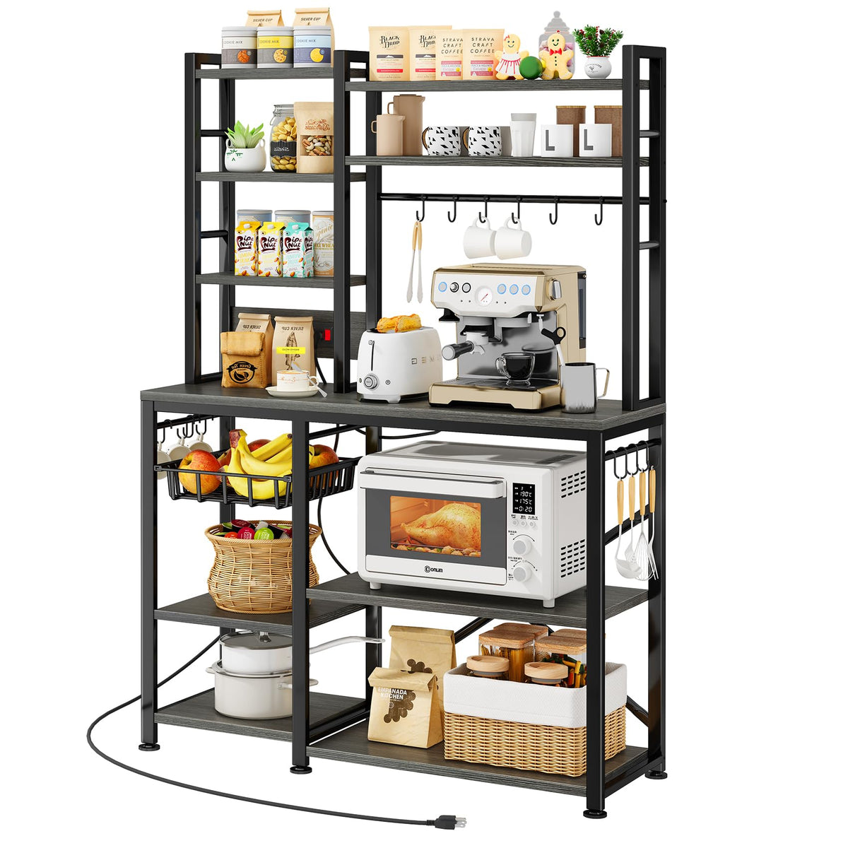 SNTD 6-Tier Bakers Rack with Power Outlets, 36 x 14.6 x 72 in, Rustic Grey