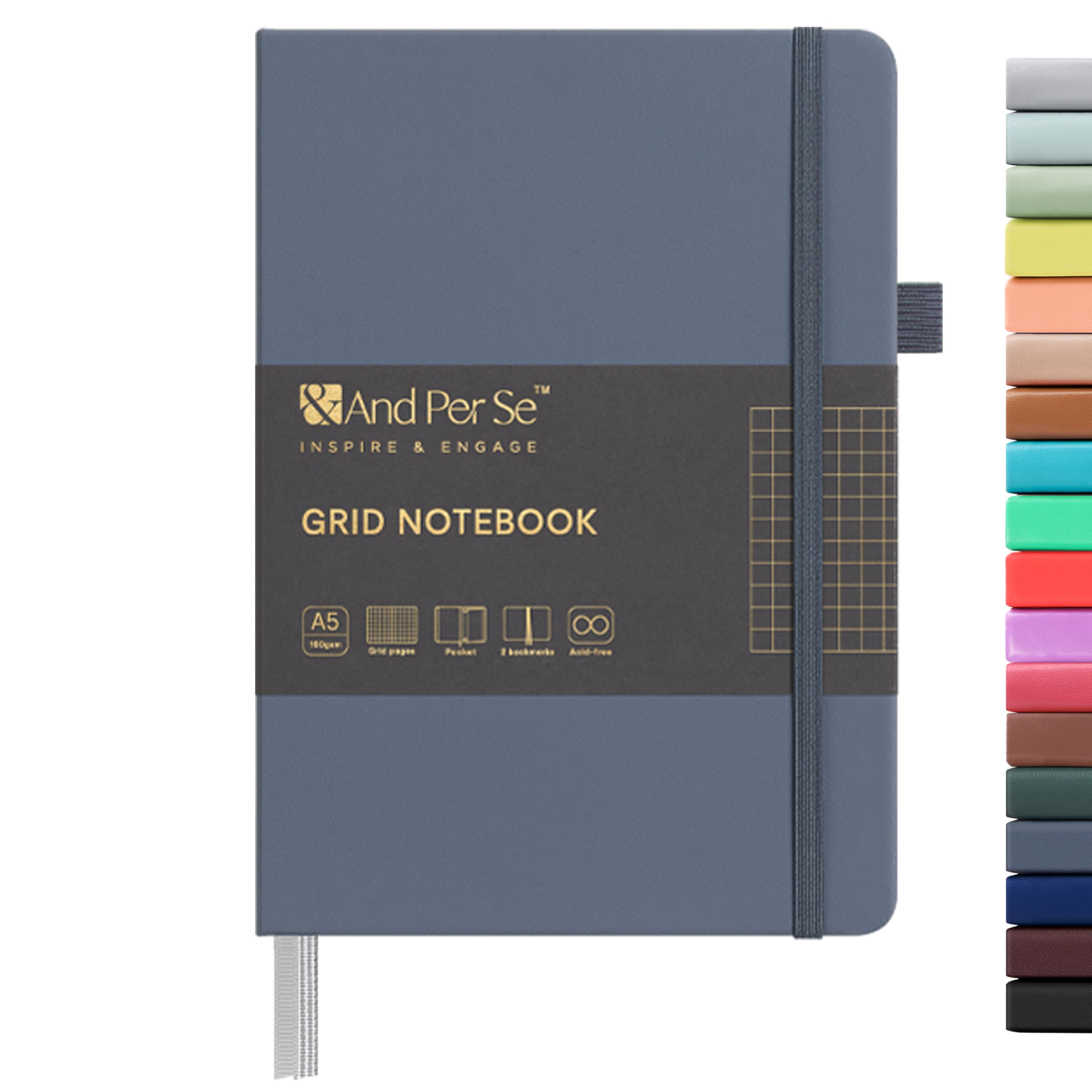 &And Per Se Graph Notebook, 5mm Grid, A5 Hardcover, 160 Pages 100gsm Thick Paper, Grid Journal for Diagrams, Wireframes, CAD Sketches (Dark Blue)