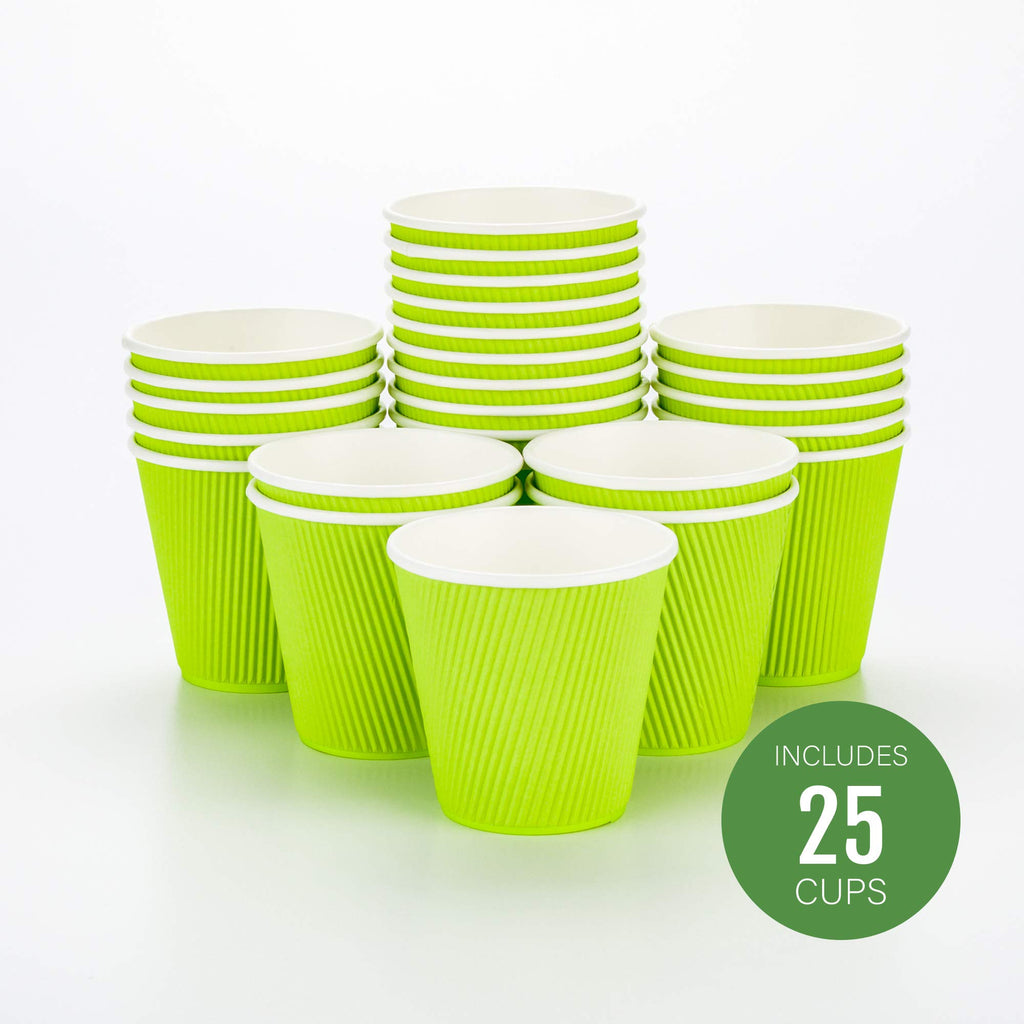 Restaurantware Ripple Wall Coffee Cups 25 Count 8 Ounce Insulated Eco Green Paper Cups, Rolled Rim Spill-Resistant Disposable Paper Non-Slip for Coffee, Beverages