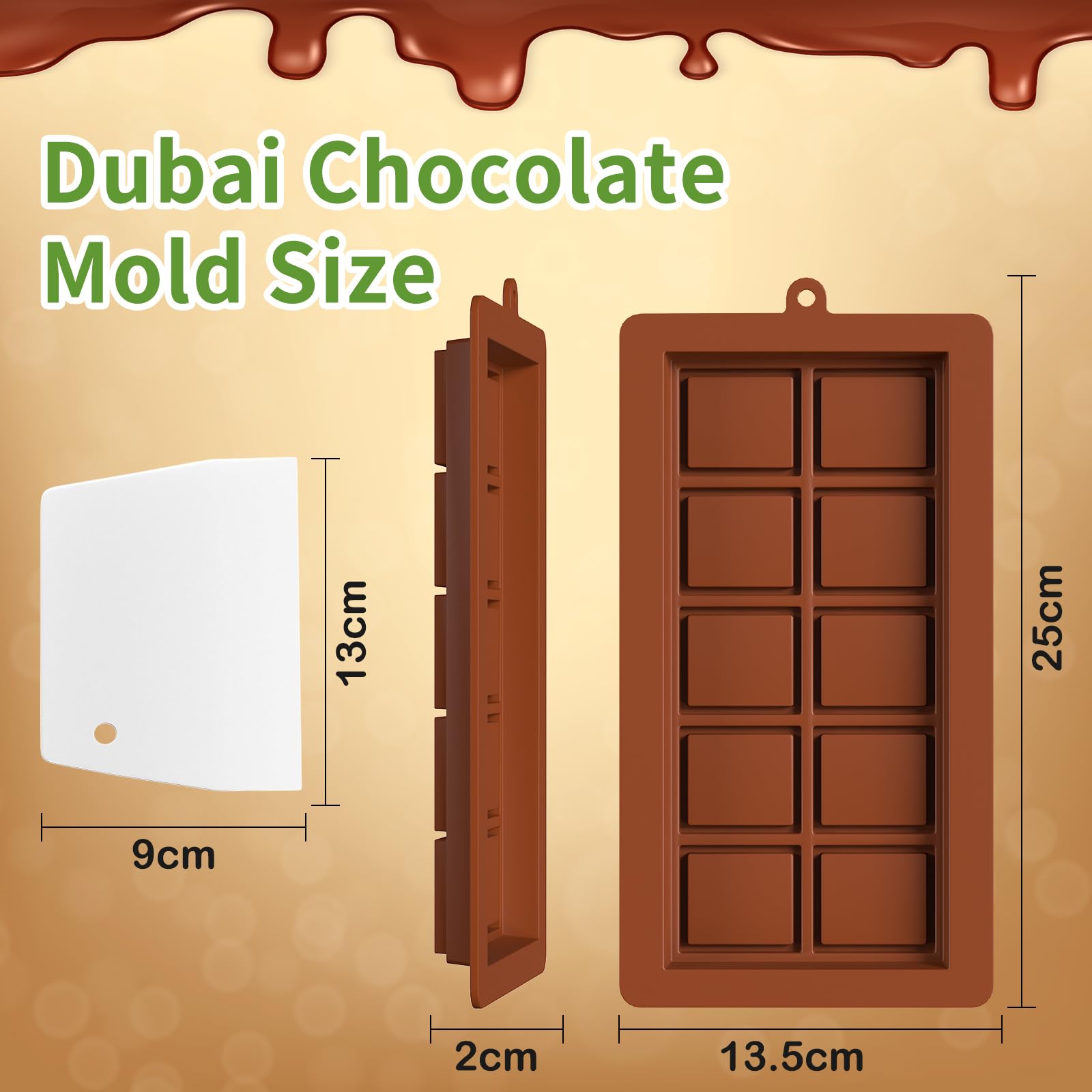 ROMINVIC Dubai Chocolate Mold 2 Pack,0.79 Inch Deep Large and Thick Silicone Chocolate Bar Molds and scraper for Stuffed Bar,Big Chocolate Candy Bar Mold for Filling Knafeh Pistachio Kit