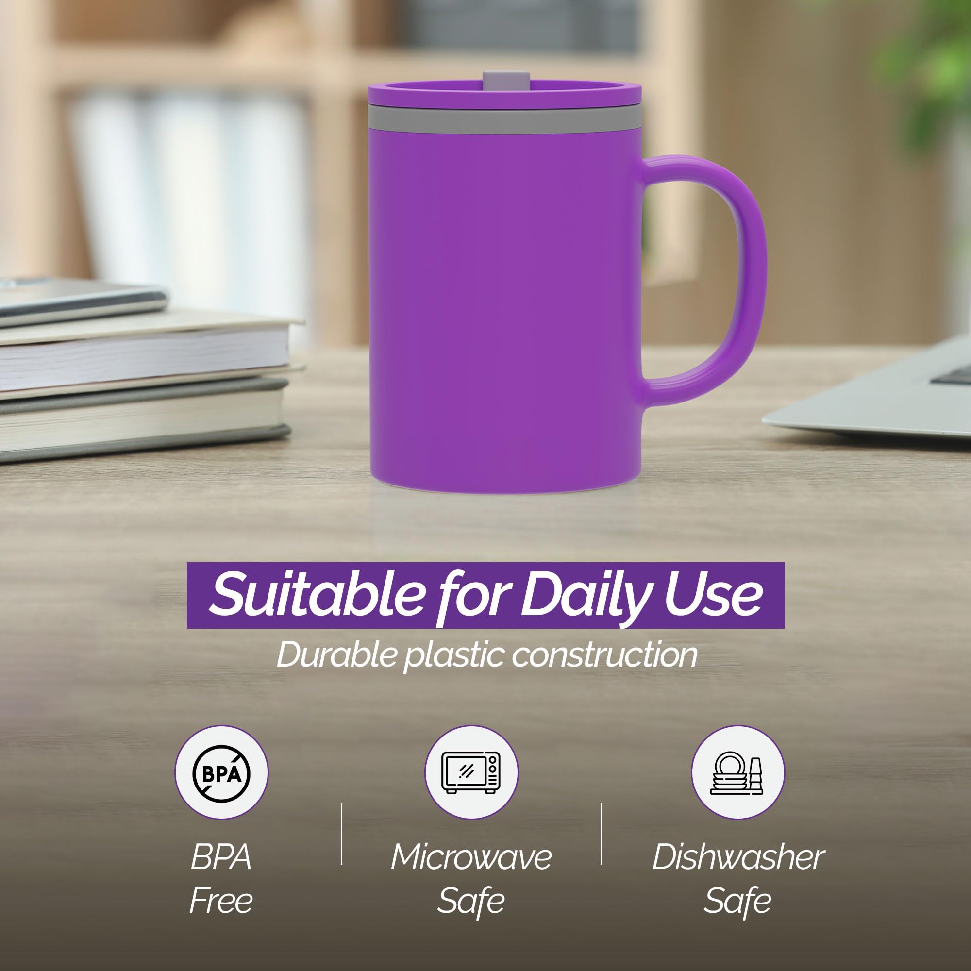 Copco Iconic 16oz Double Wall Insulated Desk Mug with Lid & Handle, Set of 2, BPA-Free Reusable Plastic, Spill-Resistant, Microwave & Dishwasher Safe, Wide Mouth (Purple/Light Purple)