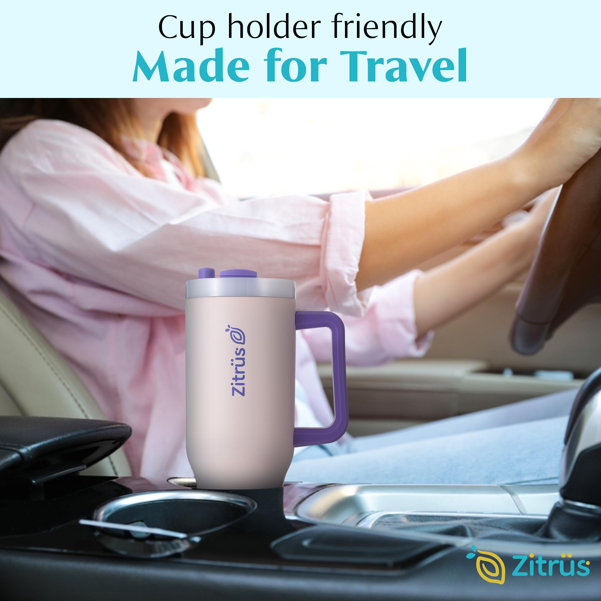 ZITRÜS 40 oz Tumbler with Handle and Straw | Leak Proof Insulated Stainless Steel Water Bottle Travel Mug Fits in Cup Holder | Keeps Cold Hot | Gifts for Women Men Him Her (Pink, 40 oz)