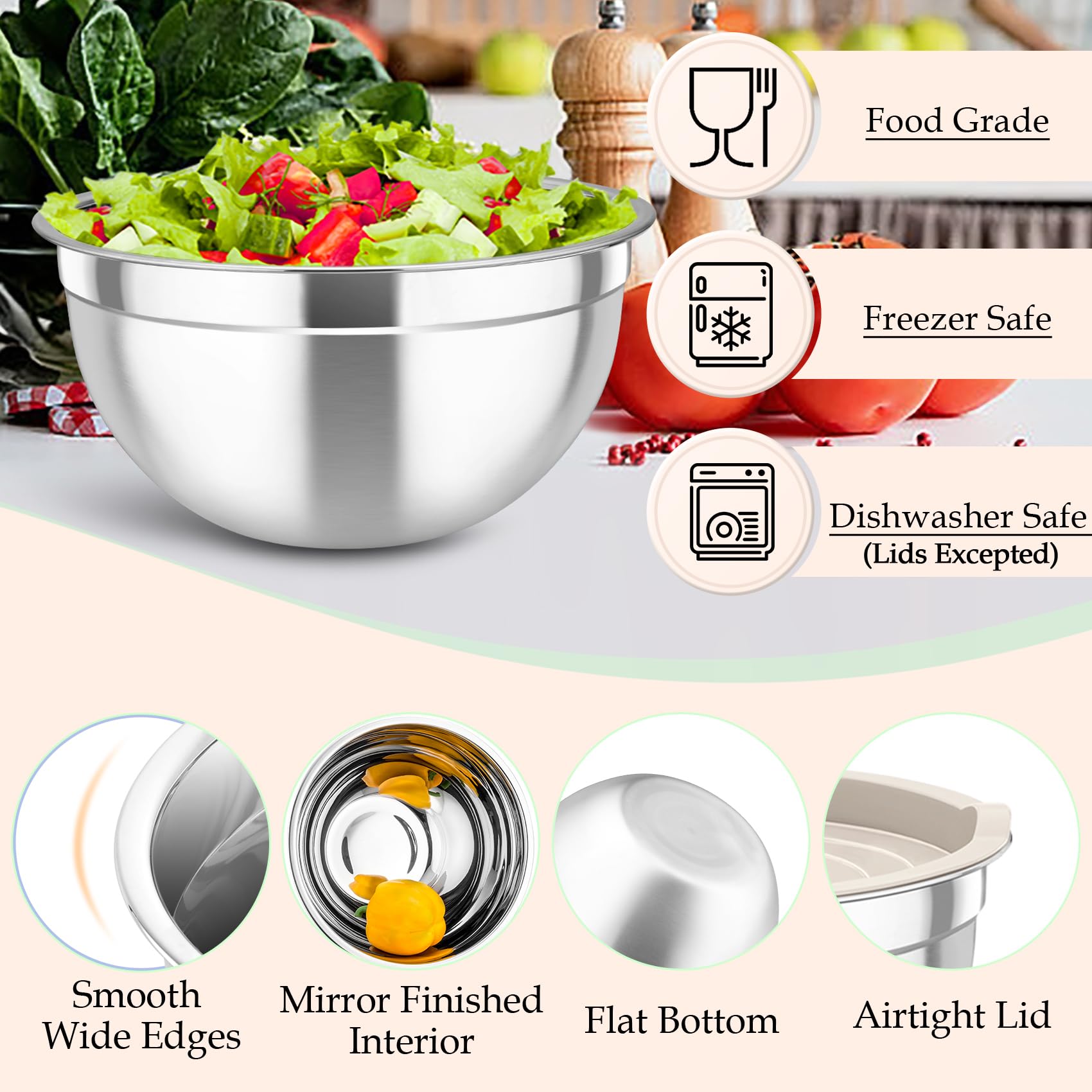 TeamFar Mixing Bowls Set of 6, Stainless Steel Nesting Mixing Salad Bowl