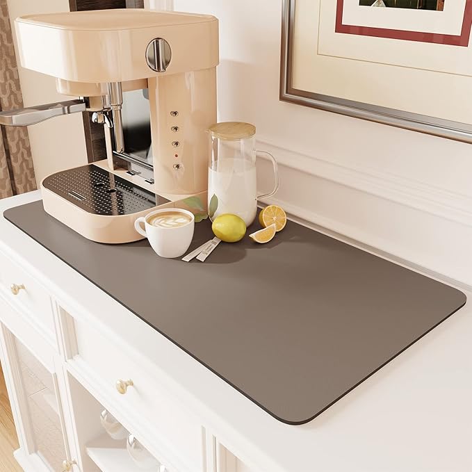 AMOAMI Coffee Mat - Hide Stain Rubber Backed Absorbent Dish Drying Mat for Kitchen Counter - Fits Under Coffee Maker - Khaki 12X19
