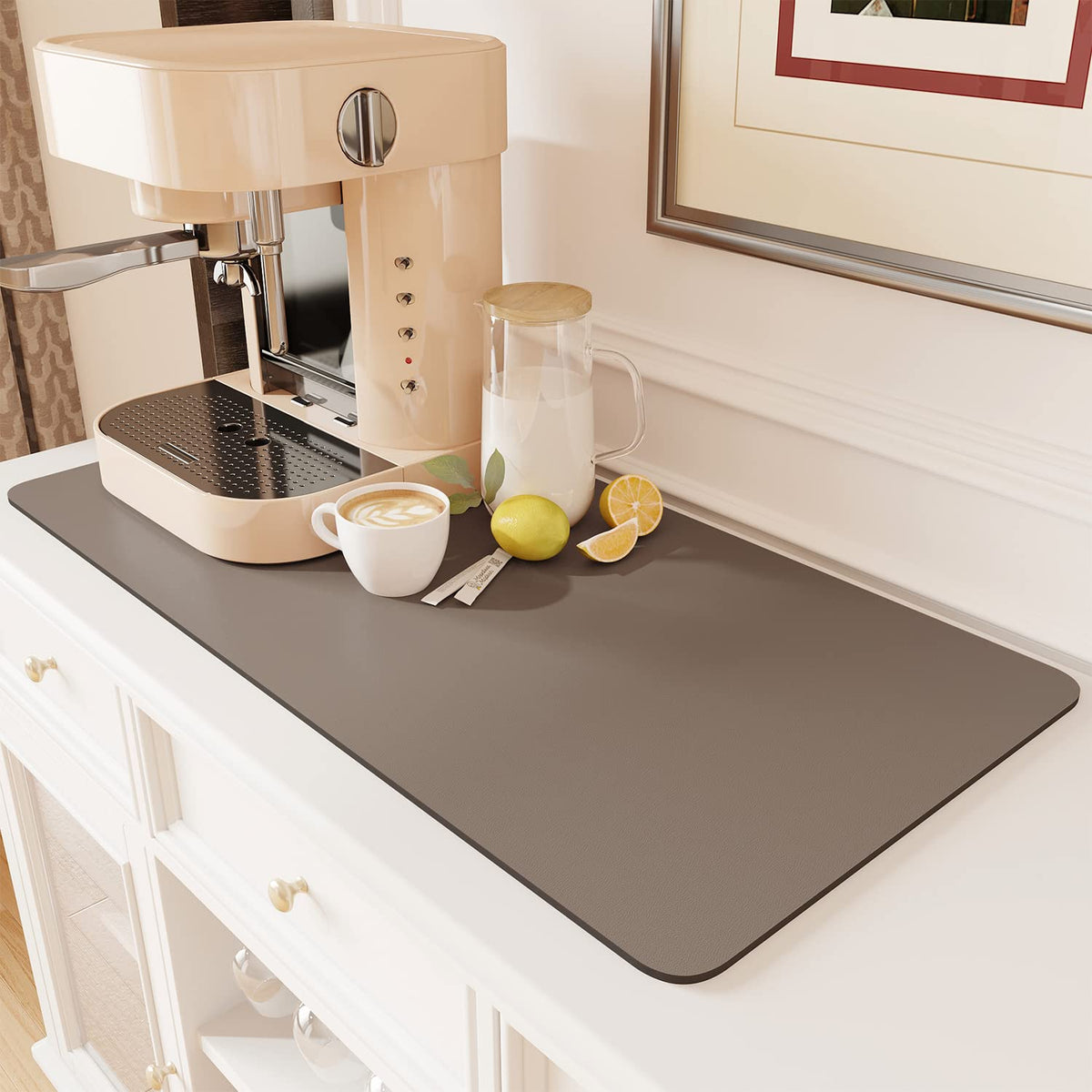 AMOAMI Coffee Mat Hide Stain Rubber Backed Absorbent Dish Drying Mat for Kitchen Counter - Fits Under Coffee Maker - KHAKI 16X24