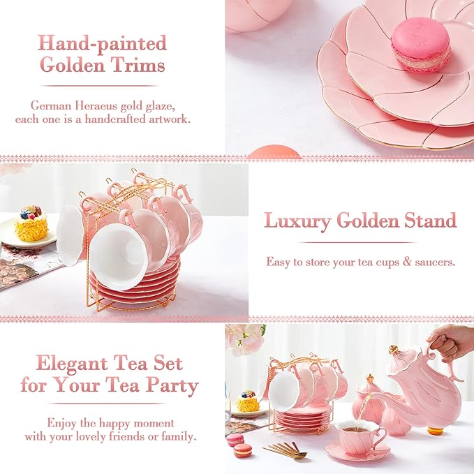DUJUST 22 pcs Porcelain Tea Set for 6, Luxury British Style Tea/Coffee Cup Set with Golden Trim, Beautiful Tea Set for Women, Tea Party Set, Gift Package (With a Stand) - Pink