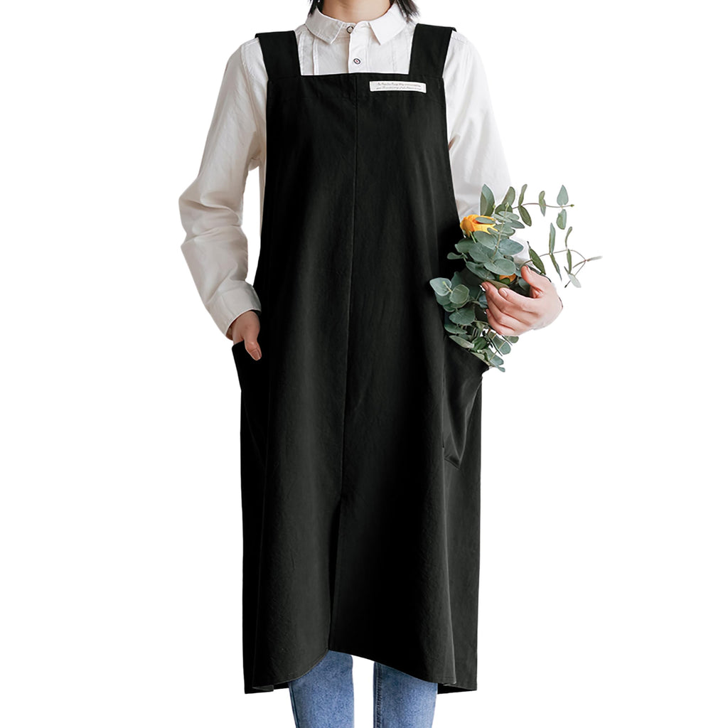 HANEE Cotton Aprons for Women and Men | Cross-Back Apron with Pockets (Black)