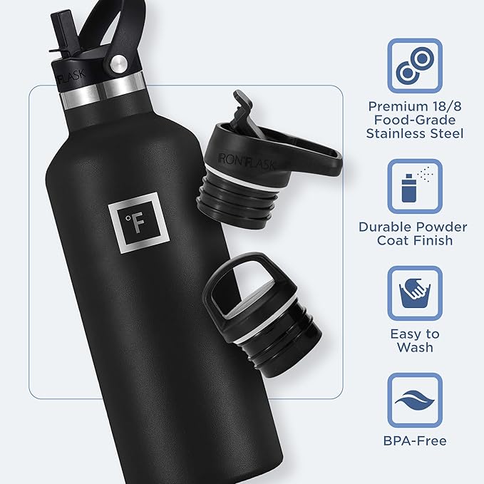 IRON °FLASK Camping & Hiking Hydration Canteens - 3 Lids (Narrow Straw Lid) Leak Proof Vacuum Insulated Stainless Steel - Hot & Cold Double Walled Sports Water Bottle - Aurora, 32 Oz