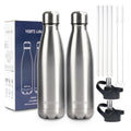 Insulated Water Bottle, 2 Pack-17oz Stainless Steel Water Bottles with straw lid, Metal Sports Water Bottles for Boys,Girls, Double Wall Vacuum BPA-Free Flask for School, Sports & Travel-Silver