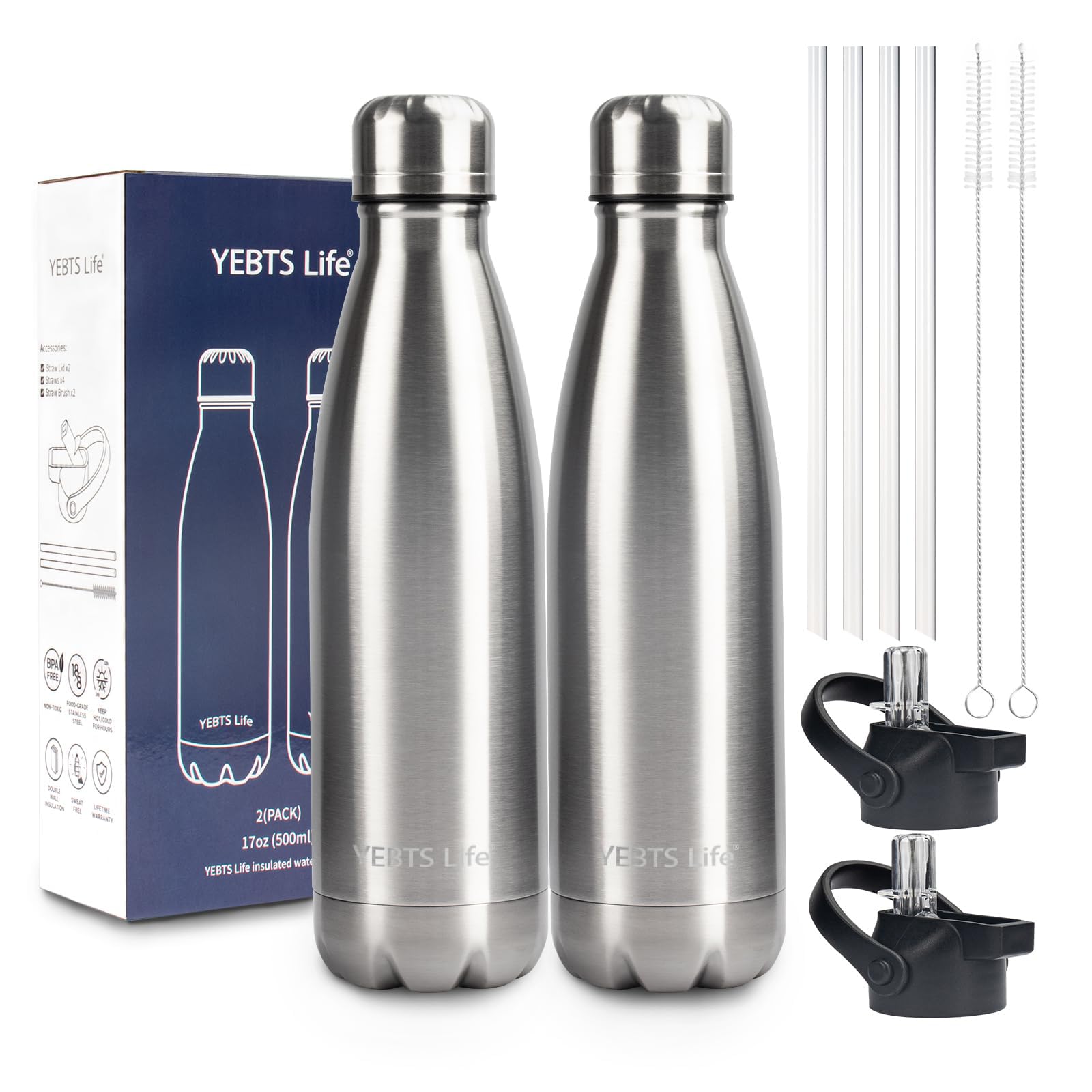 Insulated Water Bottle, 2 Pack-17oz Stainless Steel Water Bottles with straw lid, Metal Sports Water Bottles for Boys,Girls, Double Wall Vacuum BPA-Free Flask for School, Sports & Travel-Silver