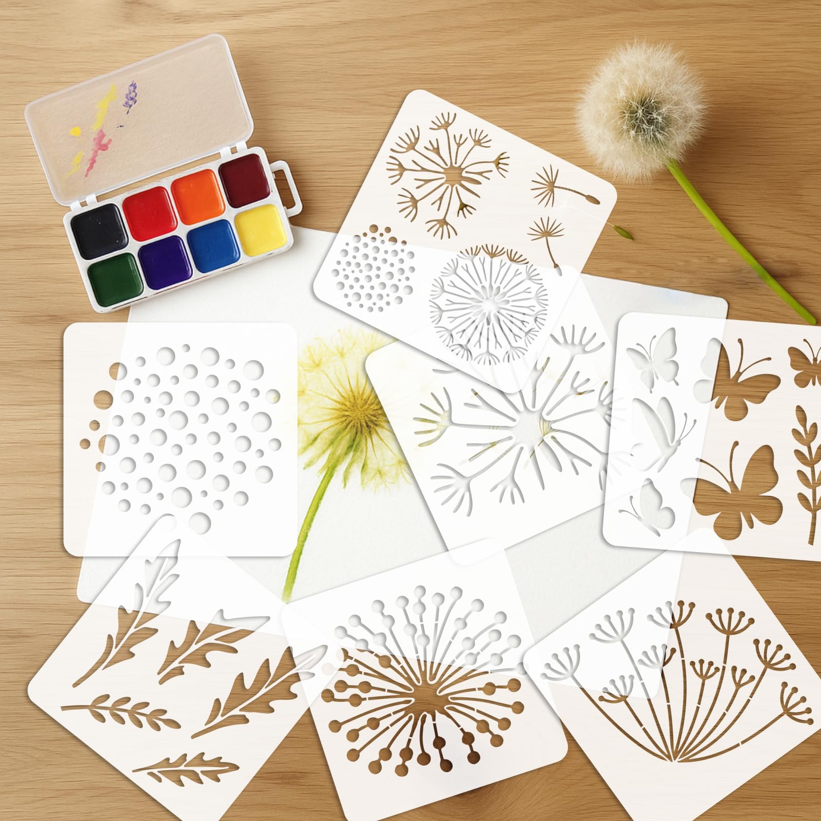 TWINKLEMON 12PCS Large Flower Stencils for Painting on Wood 12 x 12 Inch Dandelion Stencil with Brushes Butterfly Stencil Large Floral Stencils for Walls Garden Fence Furniture Fabric
