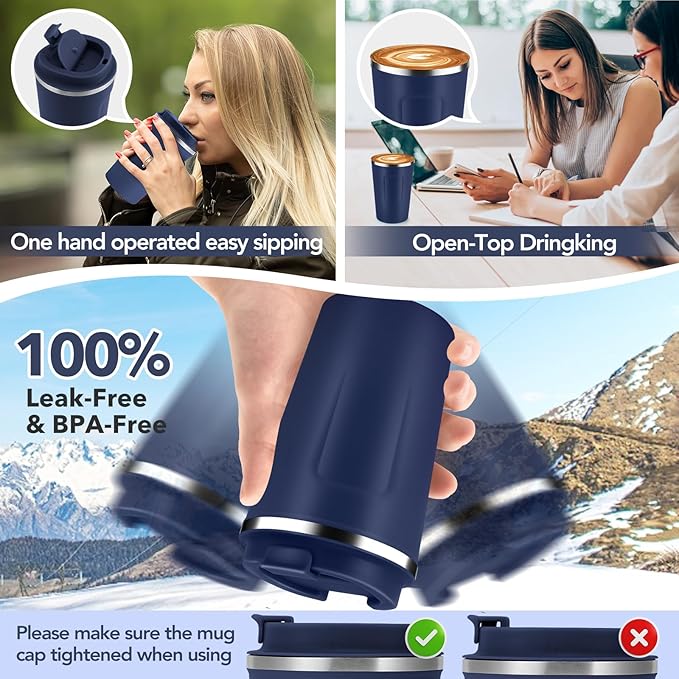 Volhoply 12 oz Double Wall Insulated Vacuum Travel Coffee Mug with Flip Lid Bulk 8 Pack,Reusable Stainless Steel Leak Proof Coffee Cup,Portable Cafe Thermal Tumblers for Hot & Cold Drinks(Navy,8 Set)