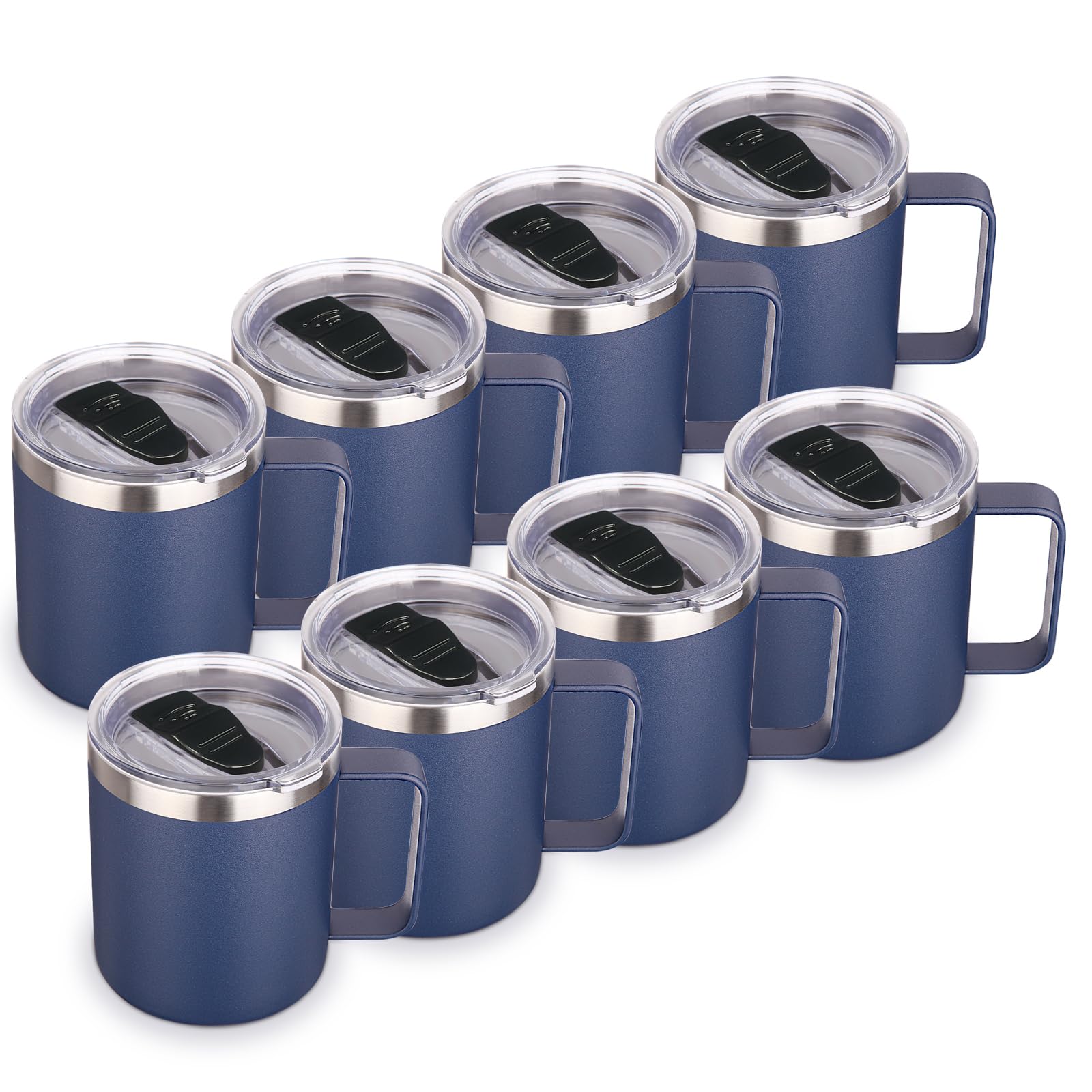 Volhoply 14oz Insulated Stainless Steel Coffee Mug with Lid Bulk 8 Pack,Double Wall Vacuum Travel Coffee Cup with Handle,Reusable Metal Cups Tumbler,Camping Mugs Keep Hot,Ideal Gifts(Navy,8)
