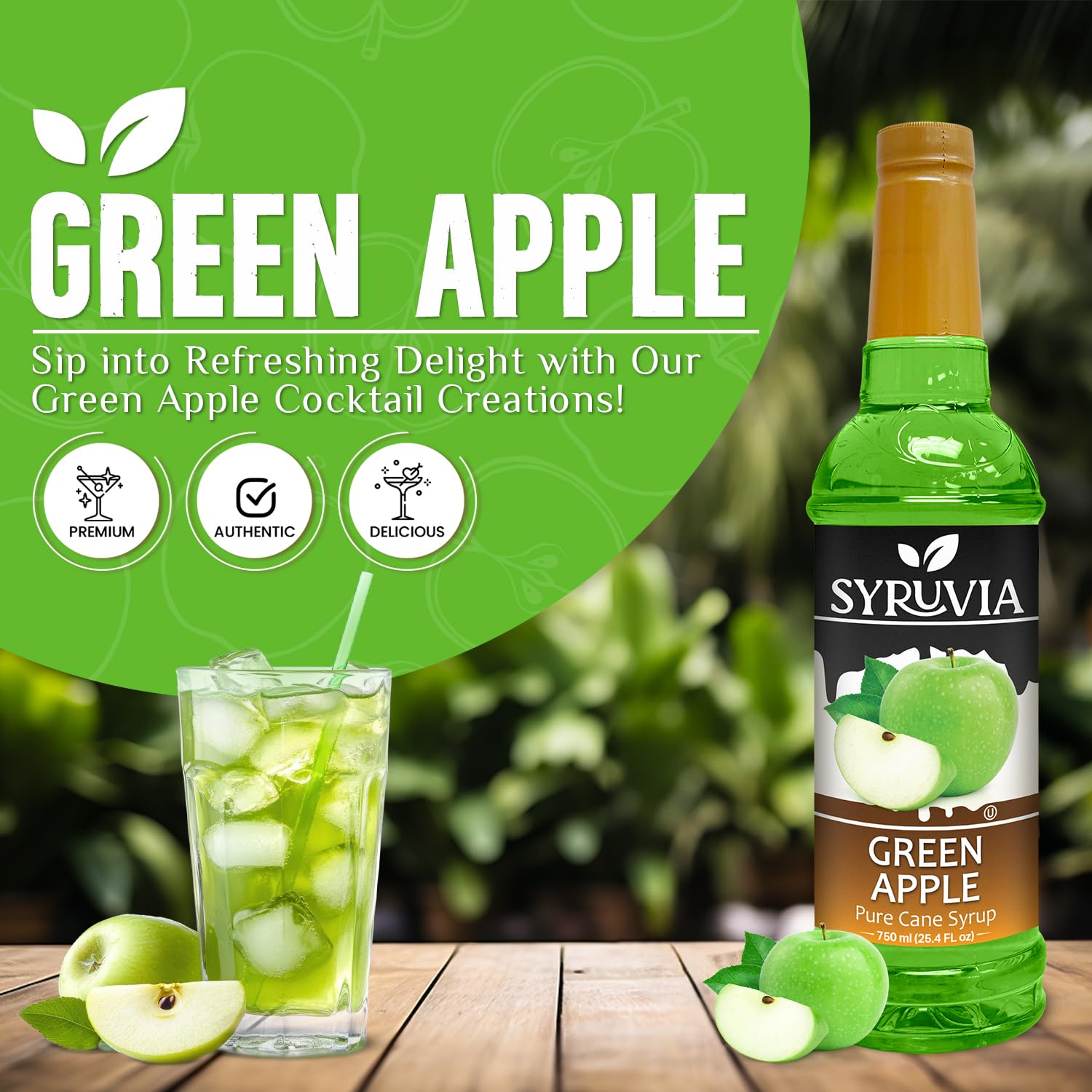 Syruvia Green Apple Syrup, Flavored Syrup for Cocktails, Fruit Drinks, Lemonades, and Desserts – 25.4 fl oz