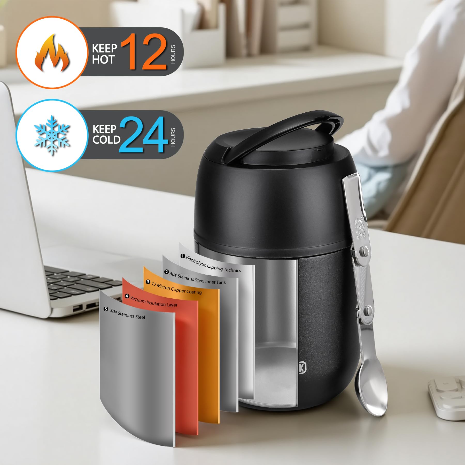 JOOPETALK 17 oz Insulated Lunch Containers, Black, Vacuum Stainless Steel Thermo Lunch Box with Handle and Folding Spoon for School, Office, Travel