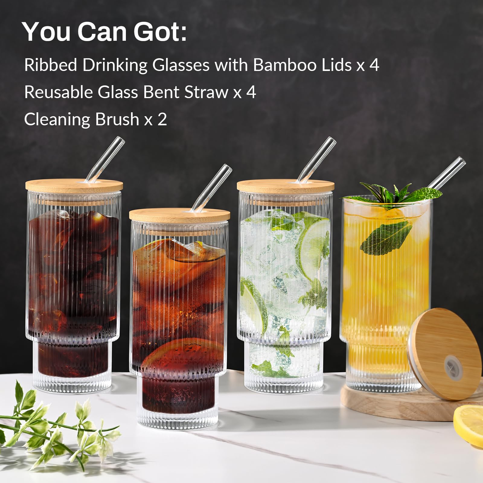AFINSEA 16OZ Ribbed Glass Cups with Lids and Straws,Iced Coffee Cups with Bamboo Lid,Vintage Glassware for Whiskey Cocktail Beer Fruit Juice Glasses Tumbler(4 Pack)