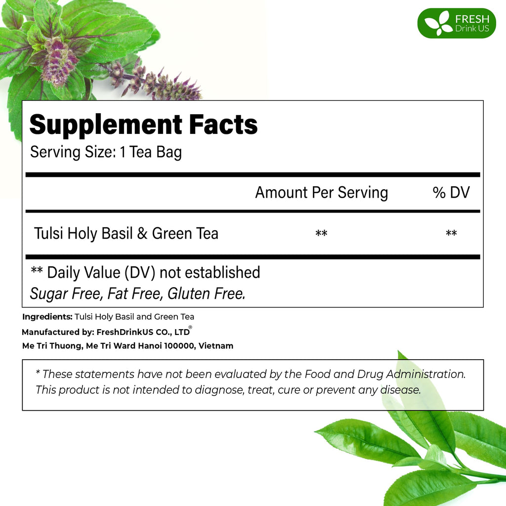 FreshDrinkUS, Premium 75 Tulsi Green Tea Bags, 100% Natural & Pure, Herbal Tea, No Sugar, No Caffeine, No Gluten, Vegan.
