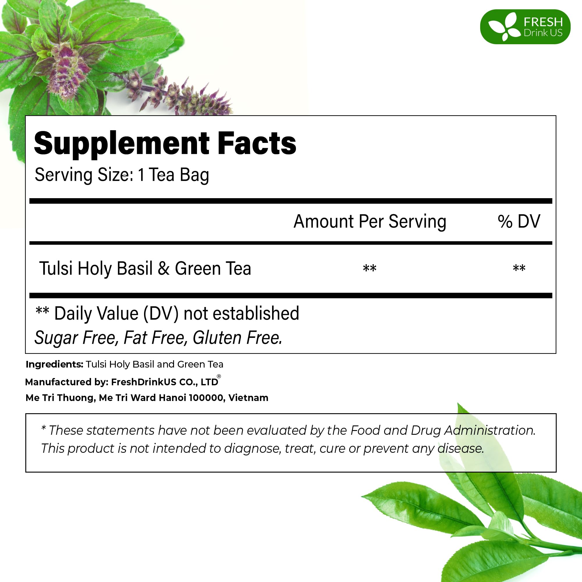 FreshDrinkUS, Premium 75 Tulsi Green Tea Bags, 100% Natural & Pure, Herbal Tea, No Sugar, No Caffeine, No Gluten, Vegan.