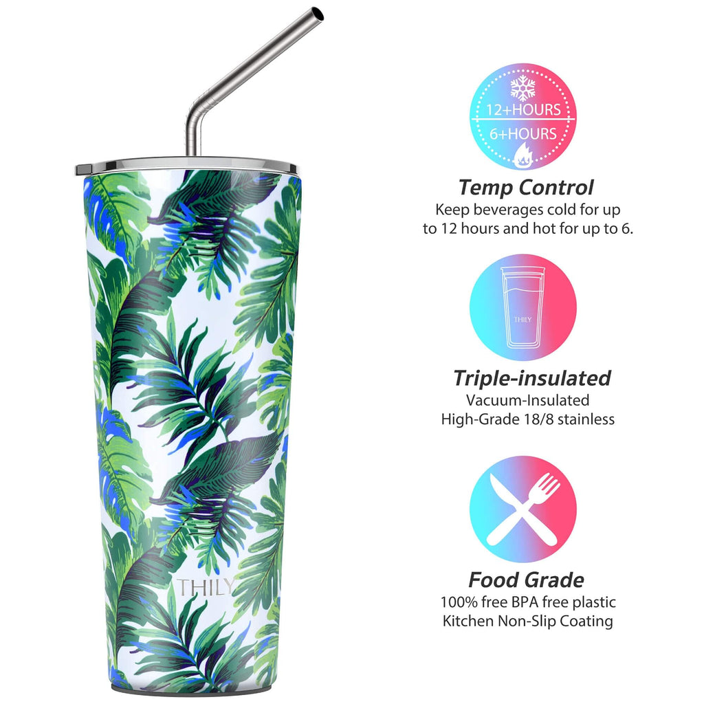 THILY Tumbler Stainless Steel Coffee Cup 26 oz Triple-Insulated Travel Mug with Splash-Proof Lid, for Ice Drinks and Hot Beverage Smoothies Cup, Green Plants
